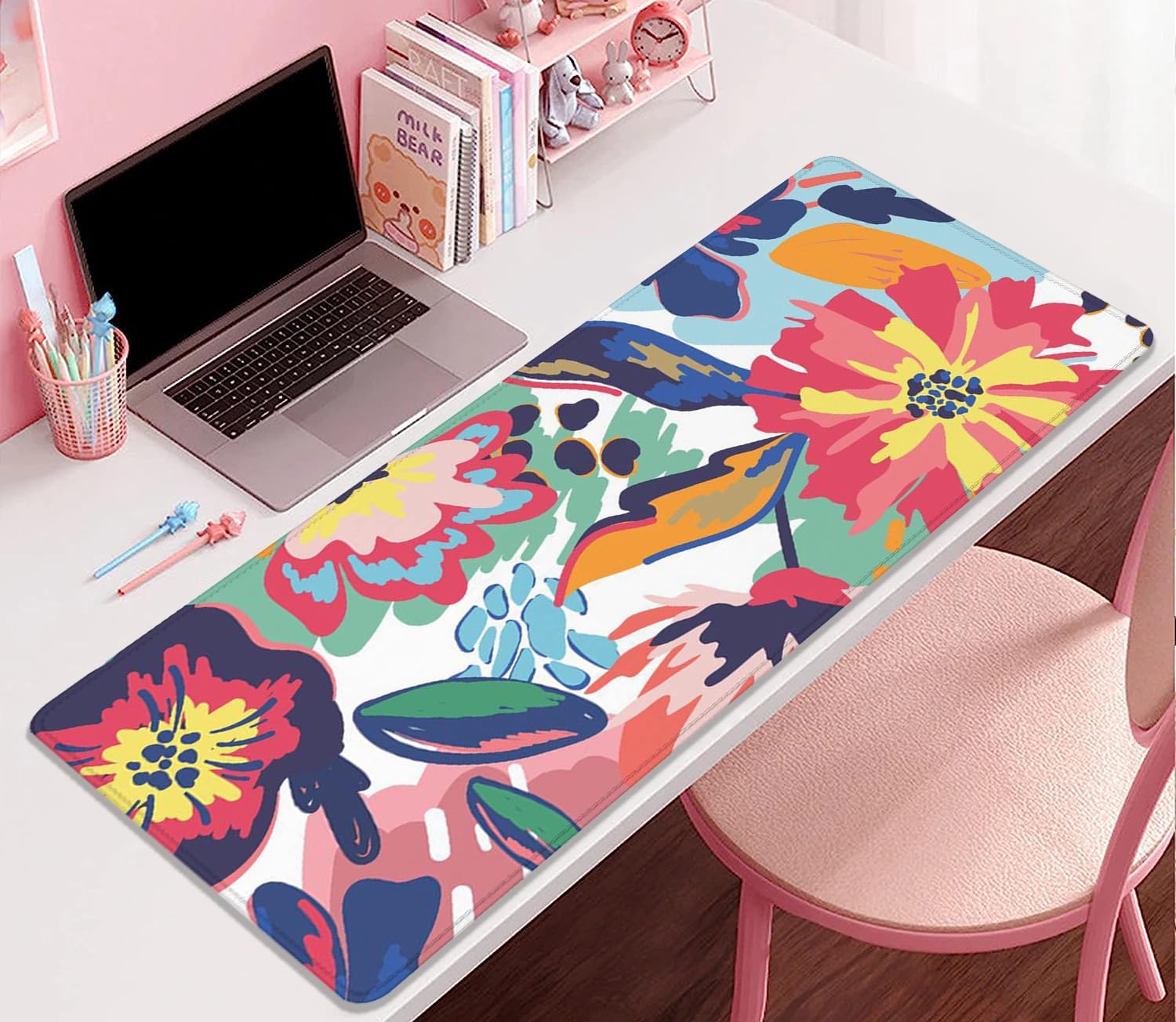 PAKWMFEVGD Abstract Floral Leaves Watercolor Mouse Pad Desk Mat, 27.5X11.8 in, L, Rubber, for Office, Computer, Keyboard, Laptop and Home Desk Pad