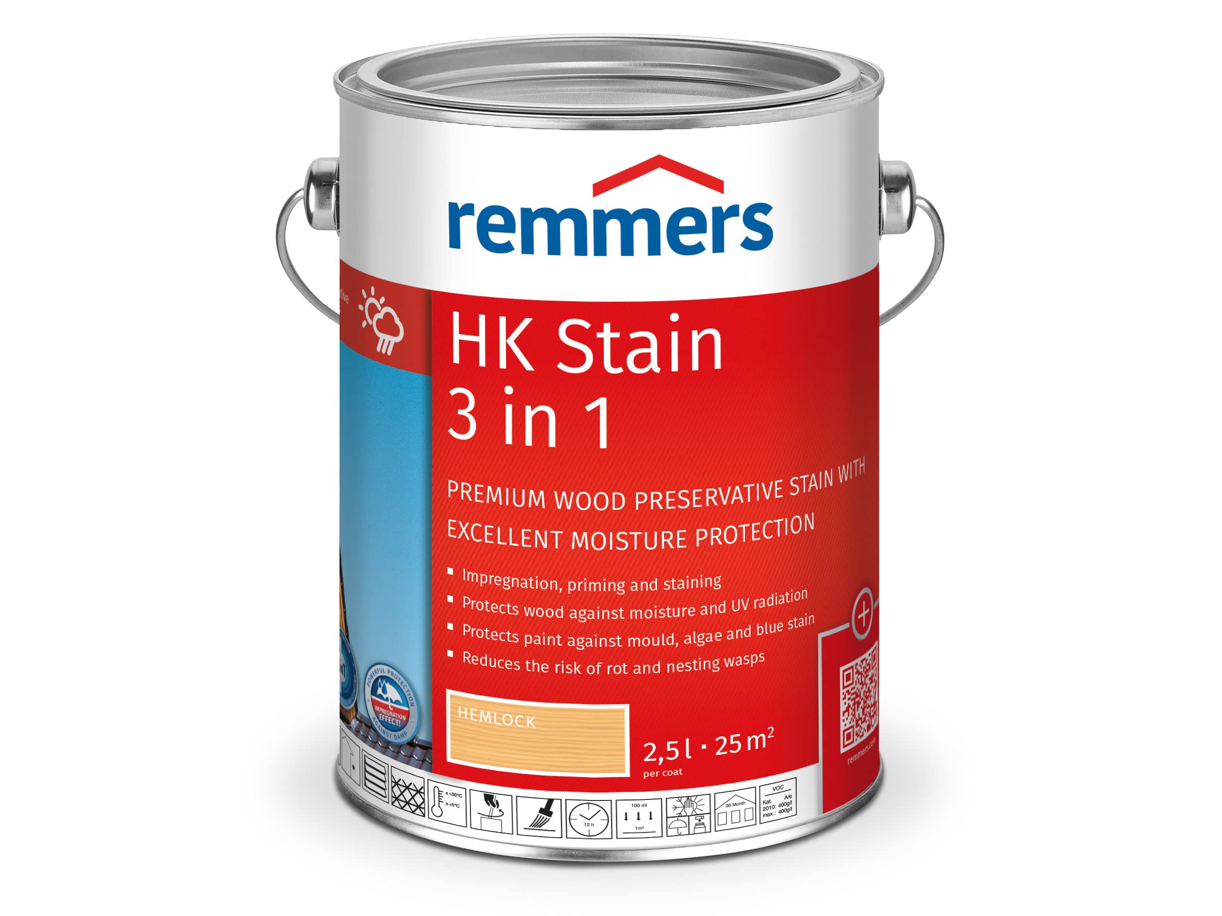 Remmers Hemlock Hk Stain 2,5 Litres, Decorative, Solvent-Based Premium Wood Preservative Stain For Exterior Use, 3-Fold Wood Protection With Impregnation + Primer + Stain