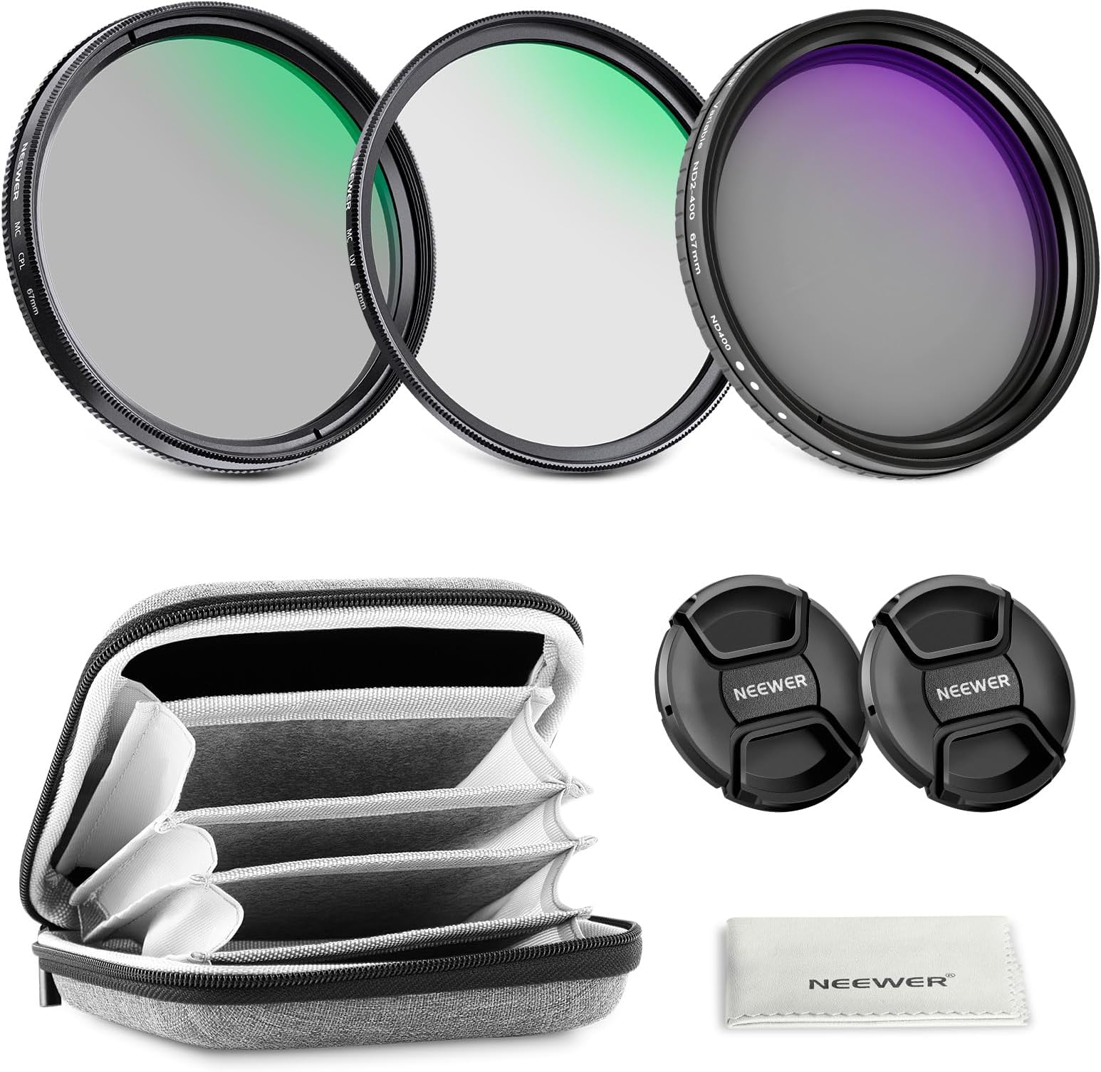 NEEWER 67mm Variable ND + CPL + UV Filter Kit (3 Pack), Multicoated Neutral Density (ND2-400) Circular Polarizer Camera Lens Polarizing Filter Photography Accessories Set with Carry Case & Lens Caps