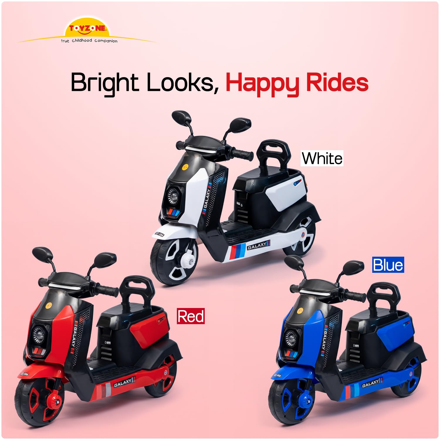 Toyzone Galaxy Kids Electric Scooty (Red) | 6V 4.5Ah Battery Rechargeable Scooter | Music & Colourful LED Lights | Smooth Acceleration | 6 Months Battery Warranty | for Kids 3-8 Years, Upto 35 Kgs 4