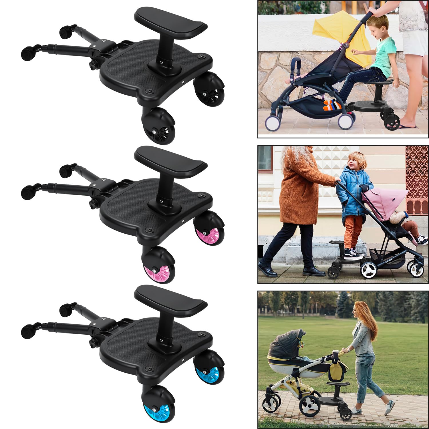 Kiddy Board per passeggino con sedile, pedana universale con sedile rimovibile, doppia ruota a 360 gradi, regolabile, fino a 25 kg, rosa