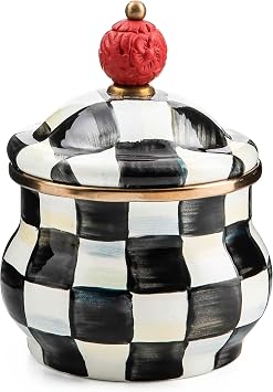 MACKENZIE-CHILDS Enamel Lidded Sugar Bowl, Small Serving Bowl with Lid, 10-Ounce Capacity, Black-and-White Courtly Check
