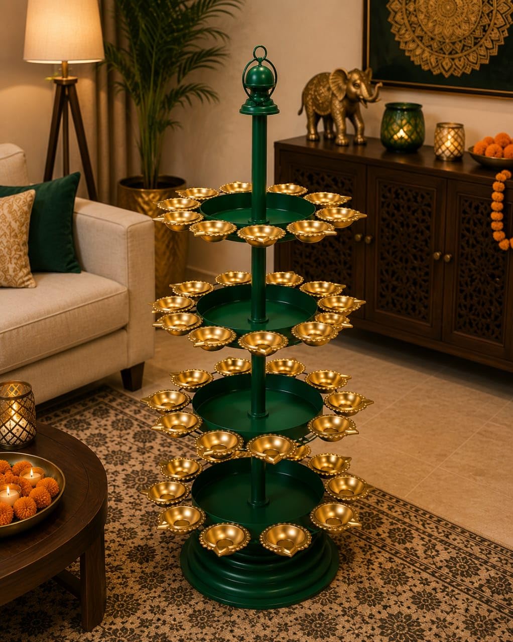 Multi-Tier Diya Stand with Gold Diyas, Green Metal, 5 Tier | Festive Diwali Decor, Floor Standing, Lantern Topper, Green & Gold Finish, Traditional Design-image-37