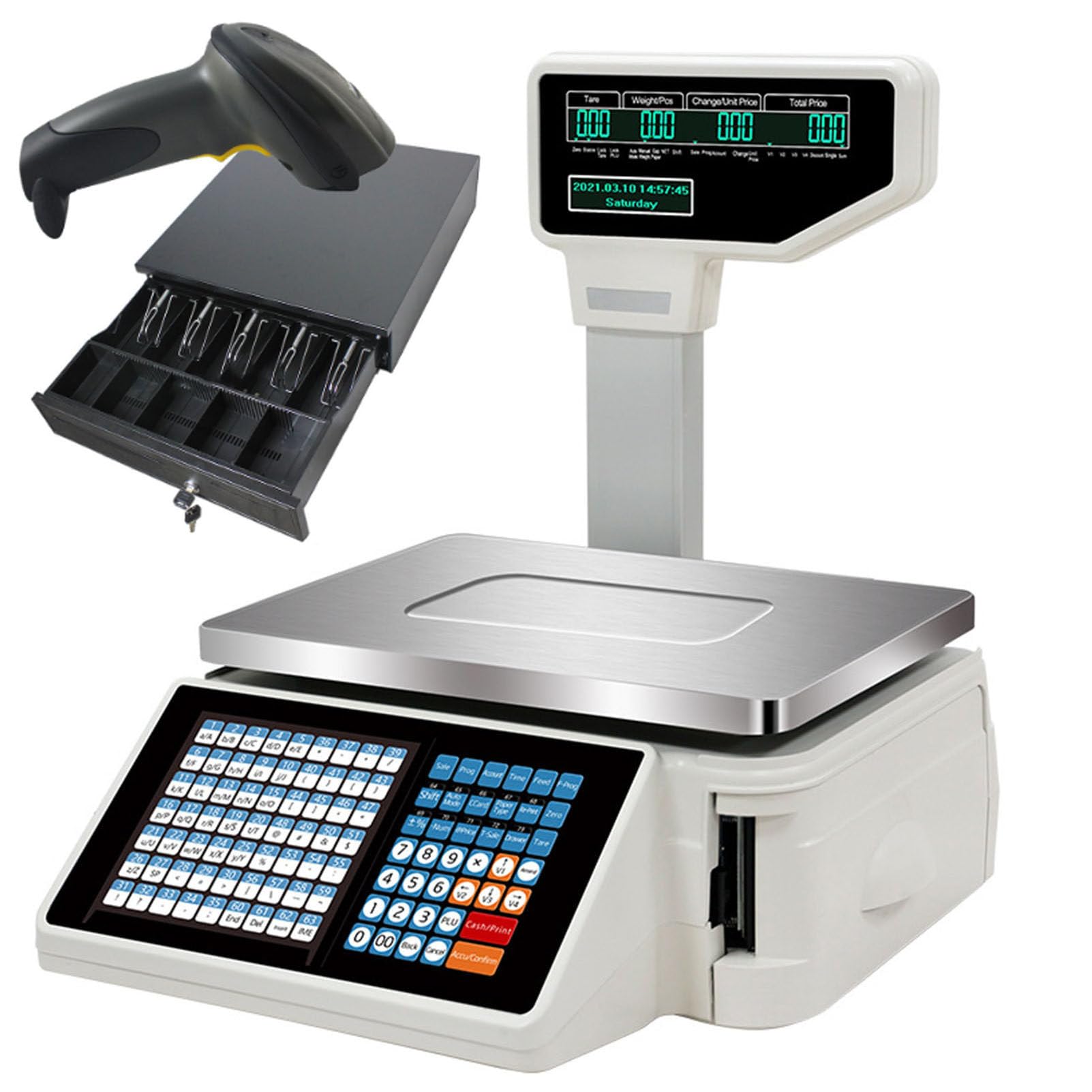SaryEdge Label Printing Scales Digital Barcode Weighing Scales with Label and Receipt Printer, Back Front Dual LCD Display, 63 Shortcut Keys Commercial Scales for Supermarket,B