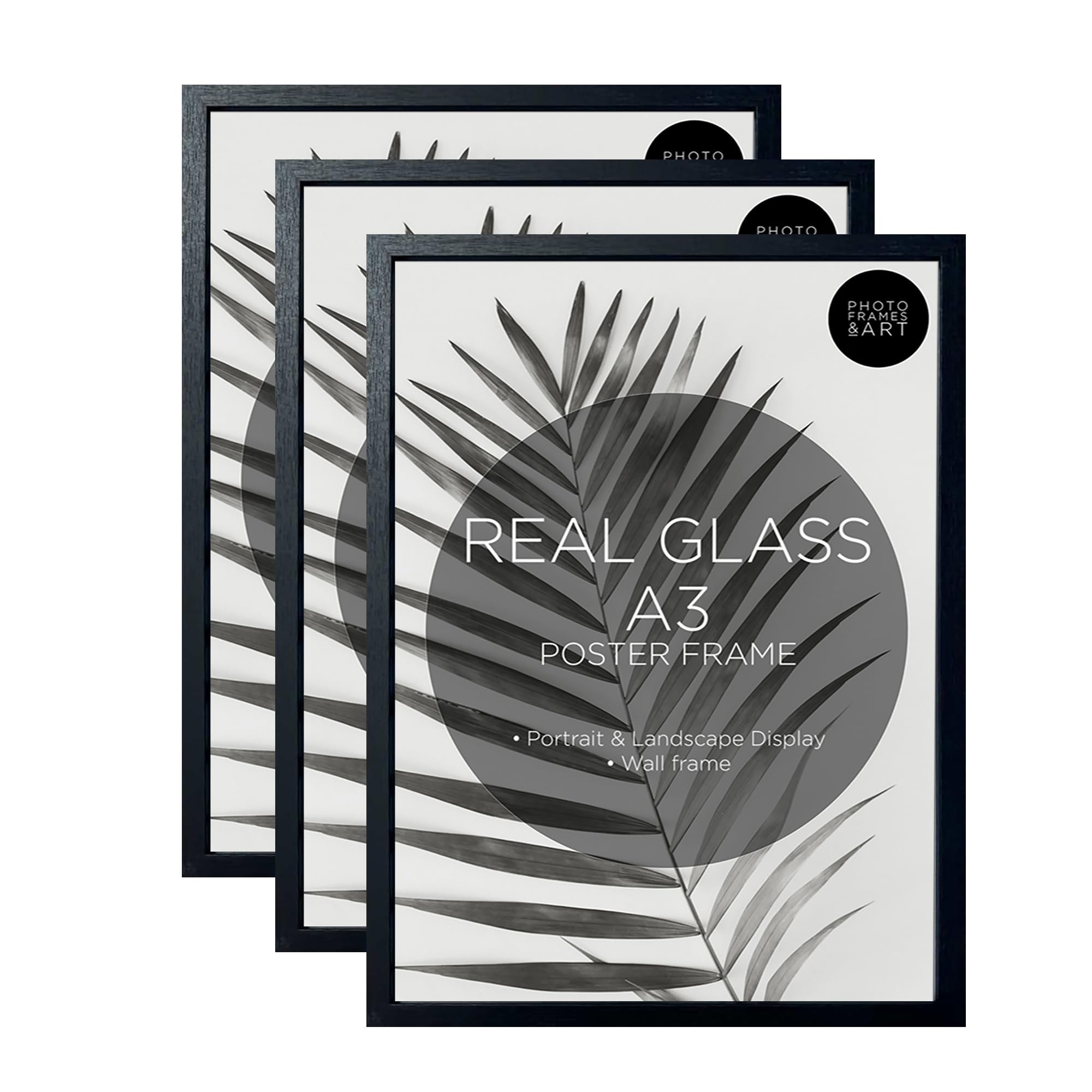 pf+a REAL GLASS Pack of 3 A3 Black Poster Frames - Multipack A3 Picture Frames/Portrait & Landscape