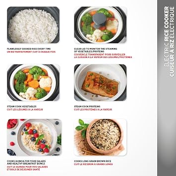 Starfrit Electric Rice Cooker, 6 Cups, Ceramic Nonstick, 300W | Makes up to 6 cups. Cook & keep warm. Ceramic nonstick pot. Steamer basket included. 300W performance.