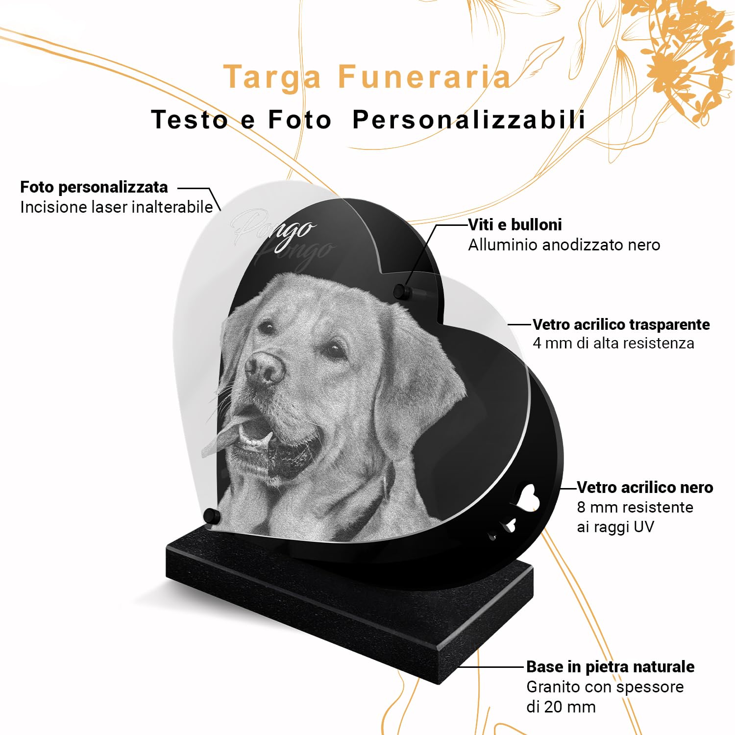 ETERNEL - Targa Funeraria Personalizzata Cuore Perpetuo per Animali - Cane, Gatto, Coniglio, Animali domestici, Foto e Testo personalizzabile, targa funeraria incisa al laser per omaggio