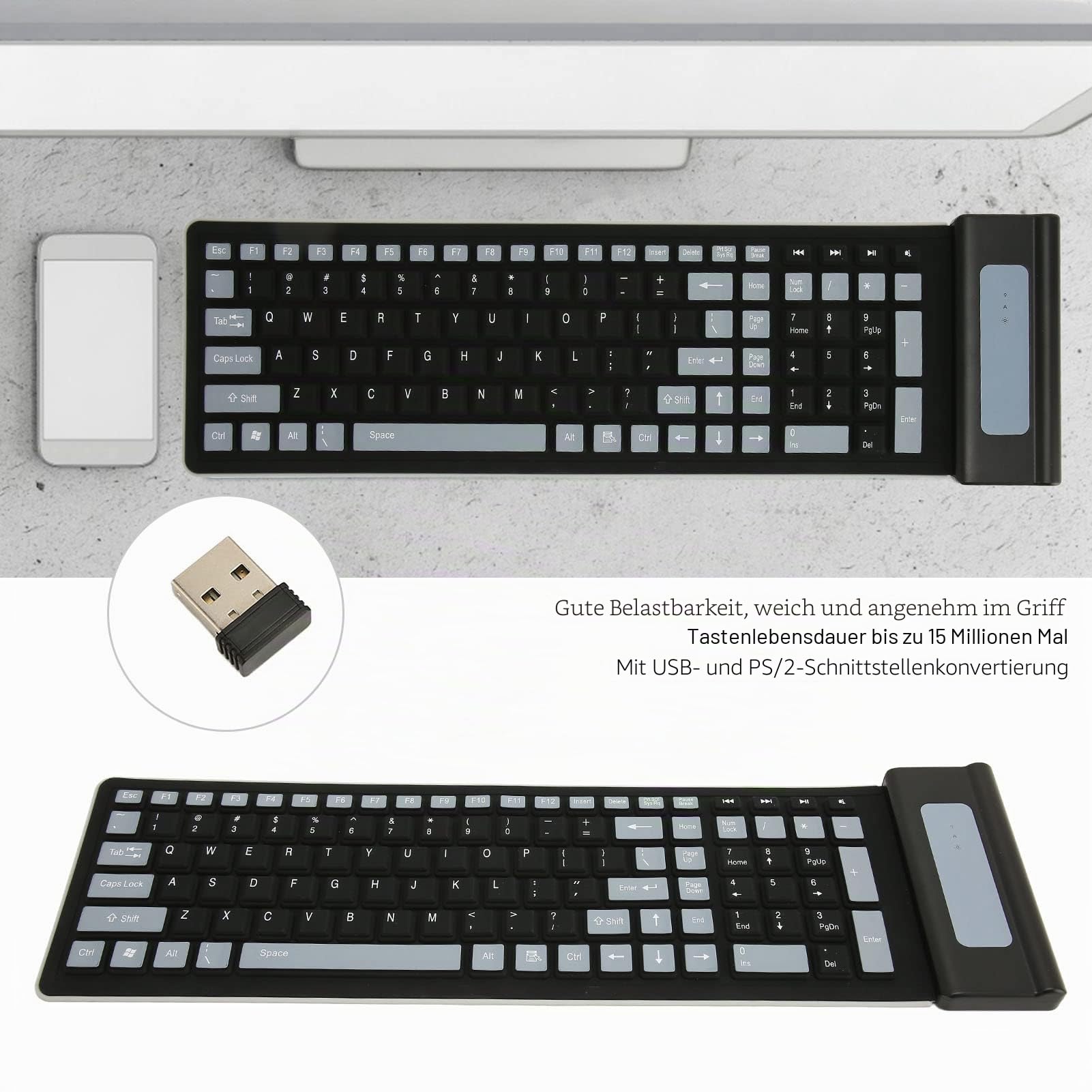 Bewinner Kabellose Faltbare Silikontastatur mit 103 Tasten - Tragbare Soft Touch Design, Wasserdicht & Leises Tippen, Aufrollbar mit USB Empfänger