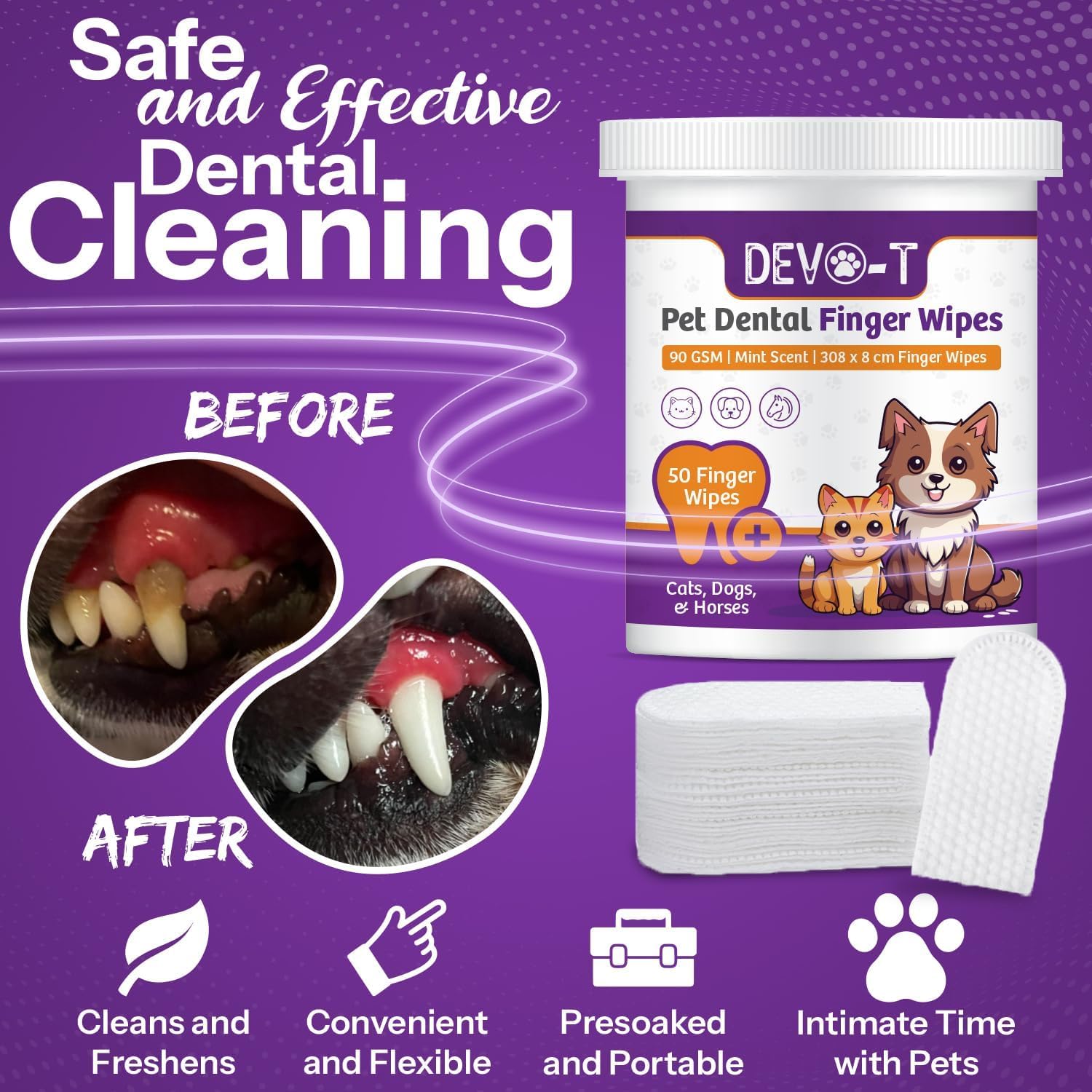 DEVO-T 100% Natural Dog Teeth Cleaning Wipes Unscented | 50 Count | Pet Teeth Cleaning Finger Wipes for Dogs, Cats & Horses | Remove Bad Breath, Plaque & Tartar Buildup | Dog Dental Wipes Finger - image 8