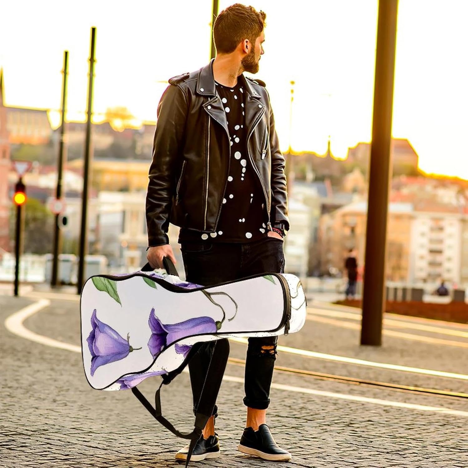 Acoustic Guitar Gig Bag 10mm Thick Padding, Soft Waterproof Guitar Case with Adjustable Backpack Straps for 40-42 Inch Guitar, Watercolor Flowers Purple Bells and Leaves