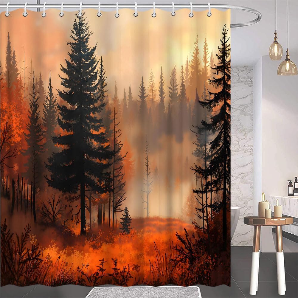 Fall Forest Tree Shower Curtain Halloween Misty Forest Pine Tree Mountain Foggy Jungle Horror Autumn Natural Wonderland Bathroom Polyester Curtains Set with Hooks 70x84 Inch