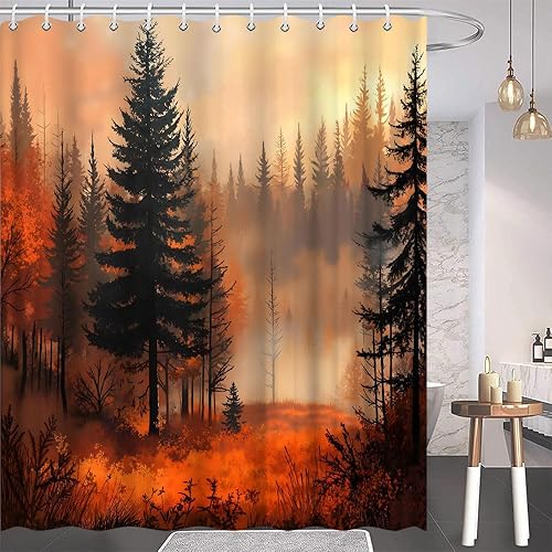 Miniatura 3 de Cortina de ducha de árbol del bosque otoñal, Halloween, bosque brumoso, pino, montaña, niebla, selva, terror, otoño, país de las maravillas, juego