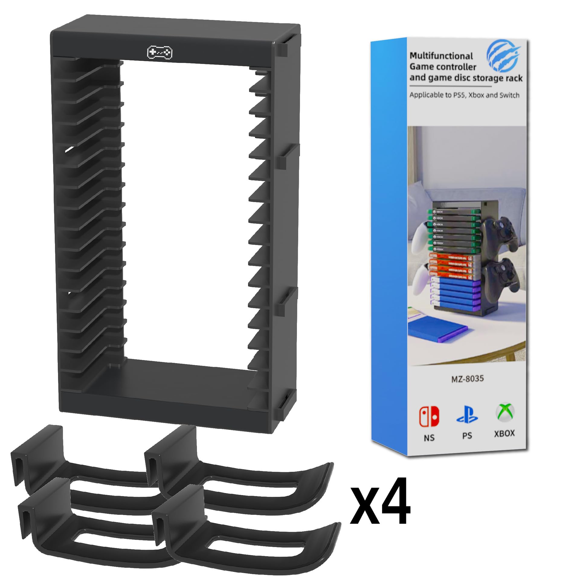SOONHUA Tour Rangement Jeux Vidéo Support Manettes Compatible PS5 PS4 | Support de rangement avec 4 porte-manettes pour consoles compatibles Switch, Xbox et disques de jeu