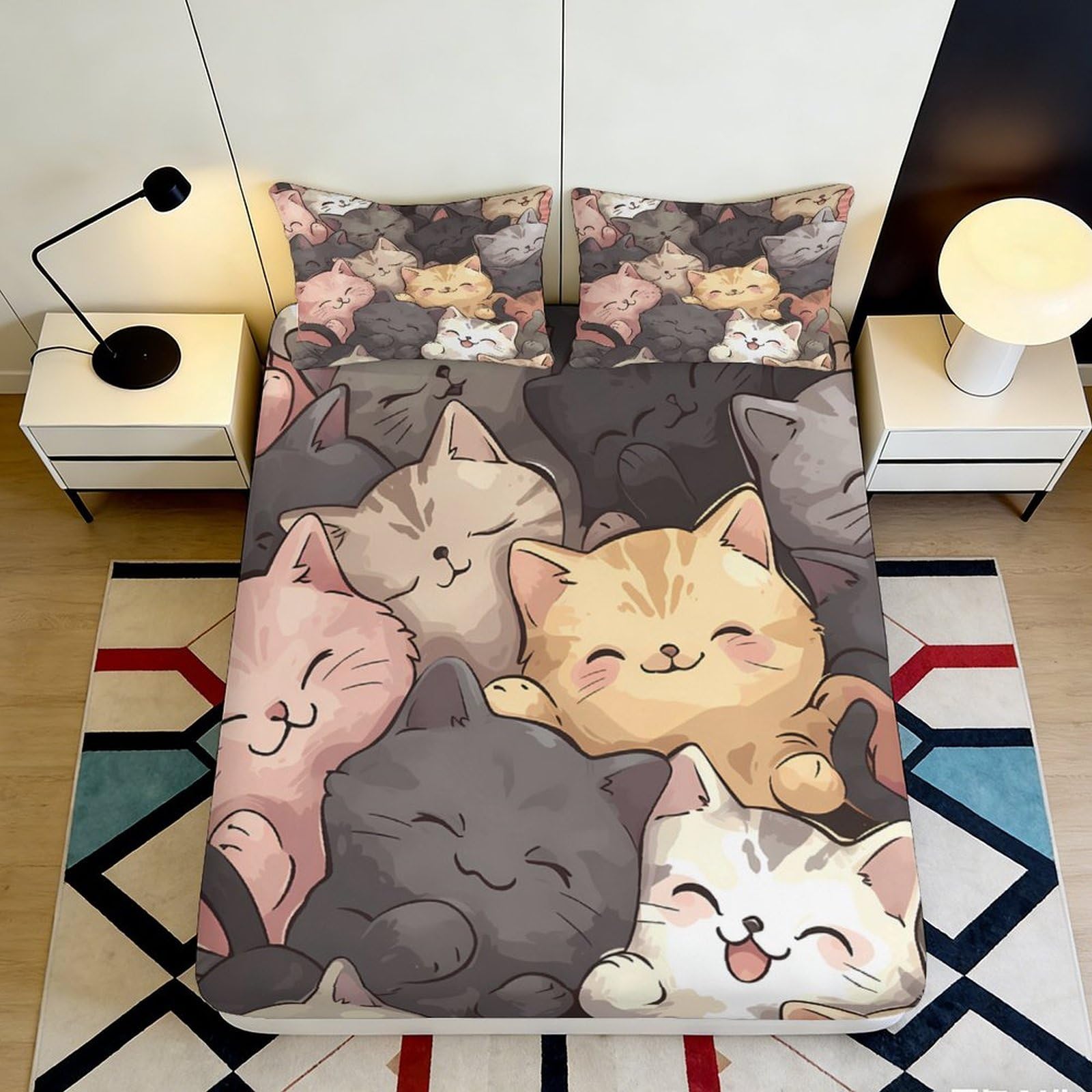 3D Printed Cute Cat Fitted Sheet Microfiber Soft Cartoon Animal Bed Sheet for Bedroom Guest Room Mattress Decor 90x200x25cm