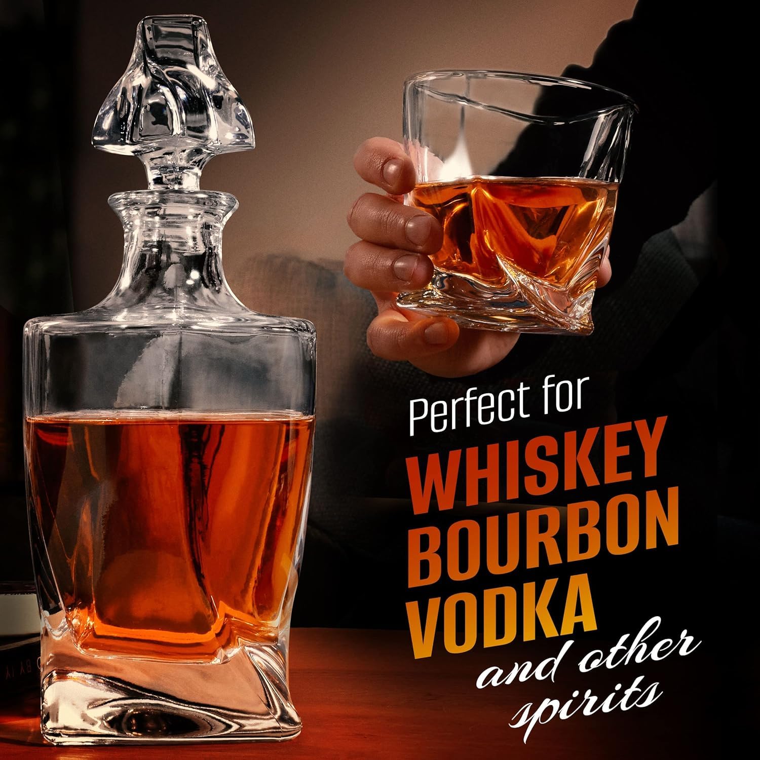 Hydro Gizmos Zestaw karafek do whisky dla mężczyzn z 4 szklankami do picia koniaku, burbona, rumu, szkockiej, likierów, krystalicznie czyste zestawy karafek, prezenty na ocieplenie domu, prezenty dla