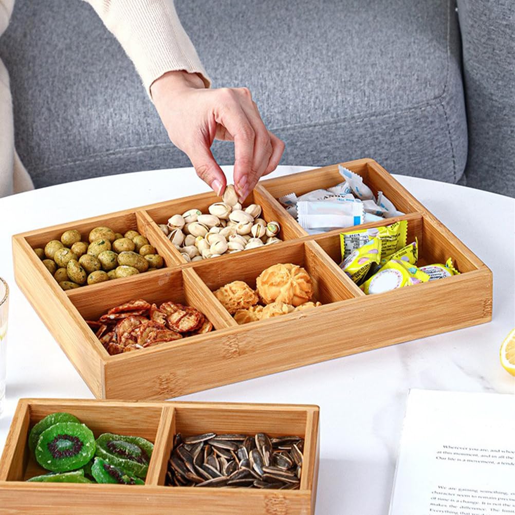Cabilock Plateau à apéritif en bambou - Plateau à fruits en bois - Récipient à bonbons et noix - Plateau de service sectionnel - Plateau de rangement pour fruits - Plateau de service en bois divisé -