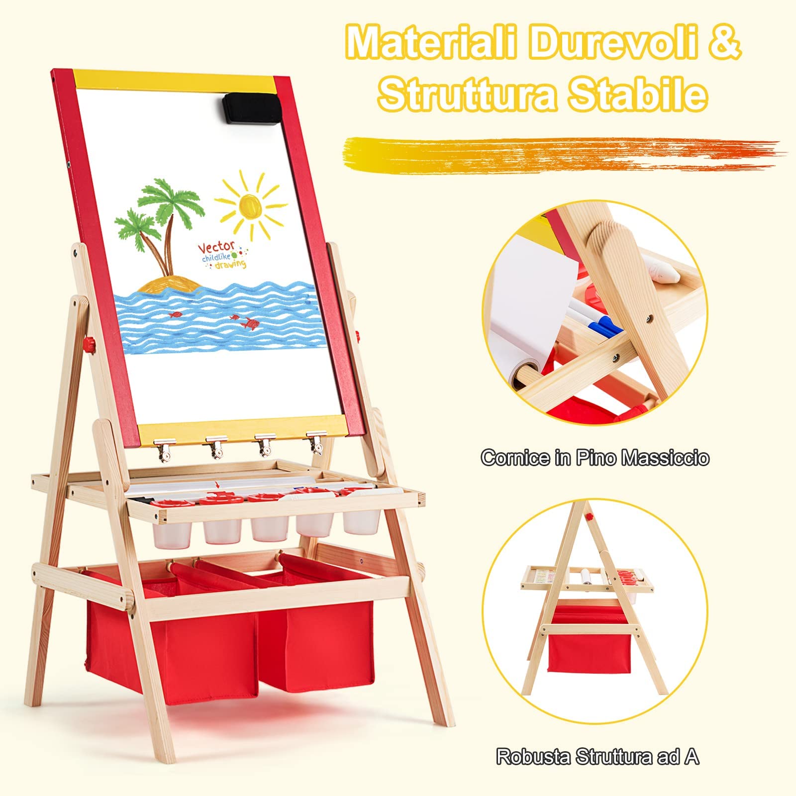 RELAX4LIFE Cavalletto per Bambini, Lavagnetta in Legno di Pino Double Face, Cavalletto Pittura per Bambini con Struttura Triangolare Stabile, Lavagna Multiattività con Lettere, 52,5x51,5x106,5 cm