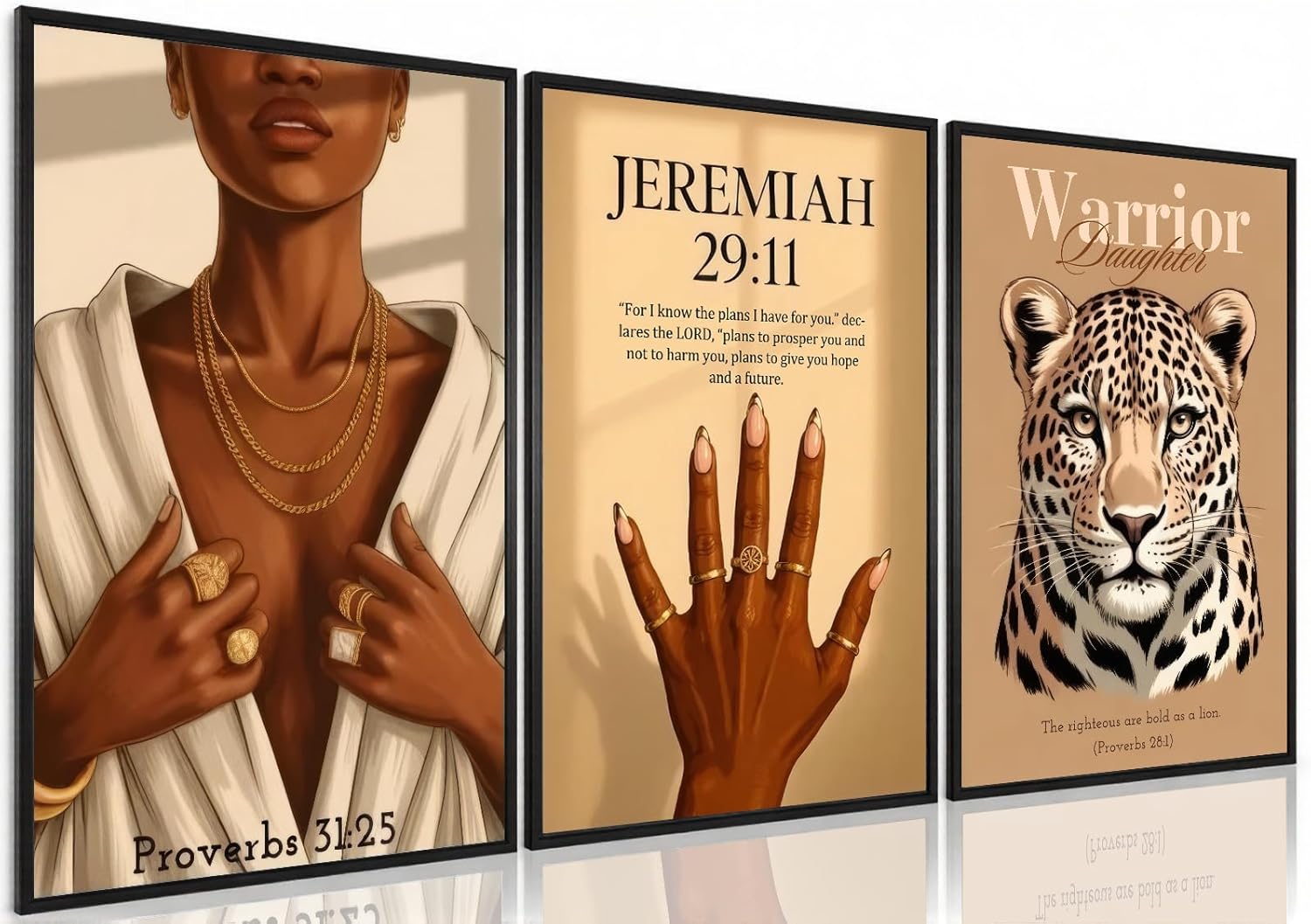 Christian Bible Verse Wall Art Set of 3 Black Woman Canvas Prints Christian Bible Verse Wall Decor Leopard-Print Pictures Trendy Black Girl Painting for Women Office Living Room Bedroom Decoration 12*18 in (Canvas)