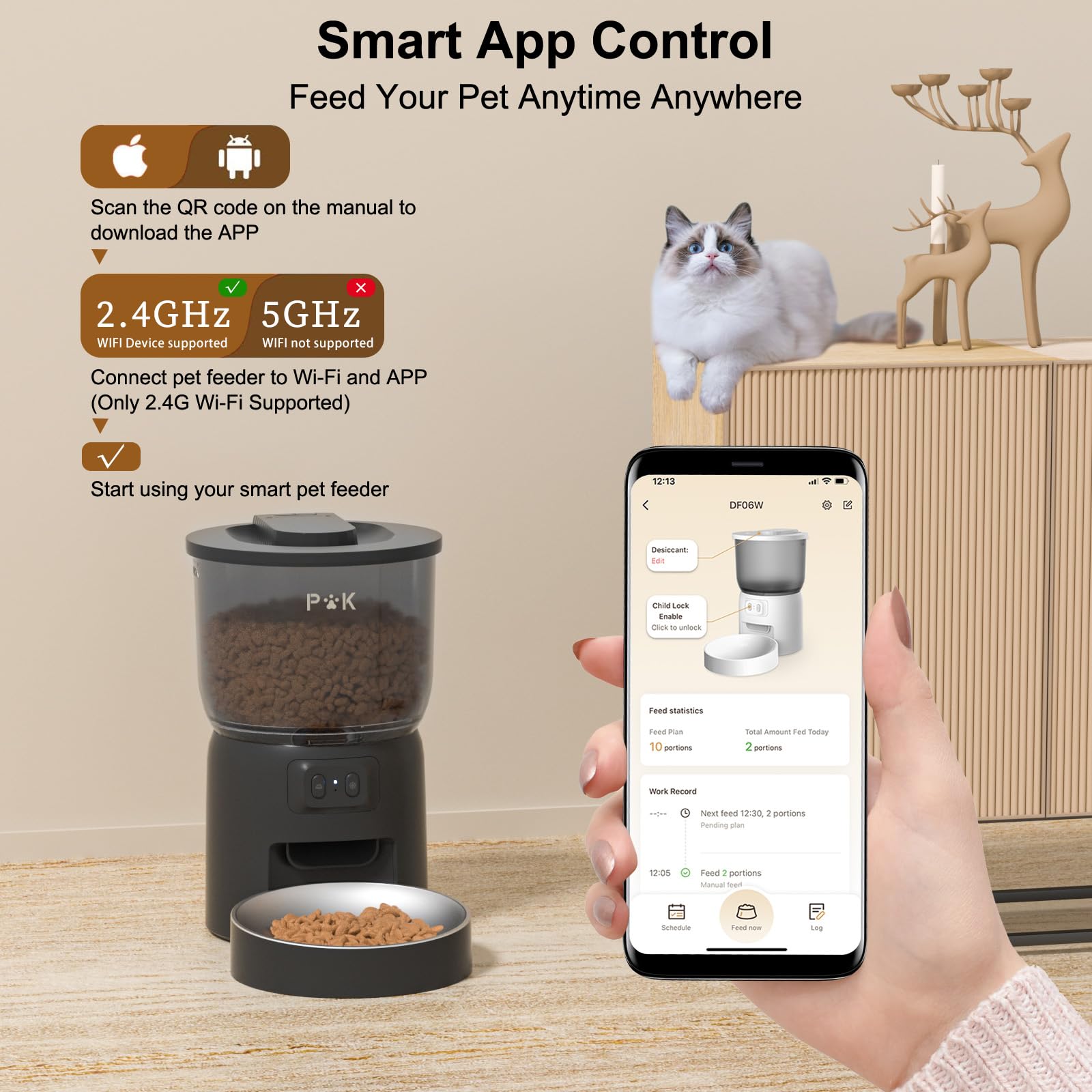 PUPPY KITTY Distributore Automatico Cibo Gatti, 2.4G WiFi 3L Dispenser Cibo Gatti con Ciotola in Acciaio Inox, 1-6 Pasti al Giorno