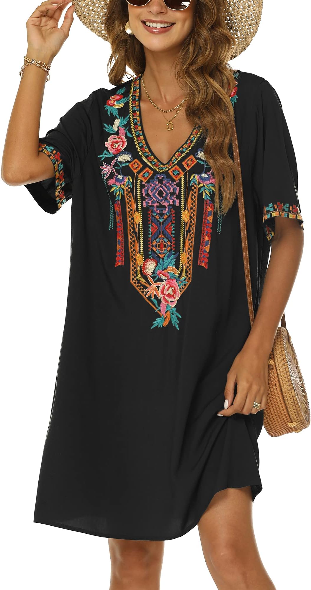 Women's Embroidered Mexican Peasant Dresses, Plus Size Fiesta Boho Dress for Women, Traditional Floral Bohemian Tunic