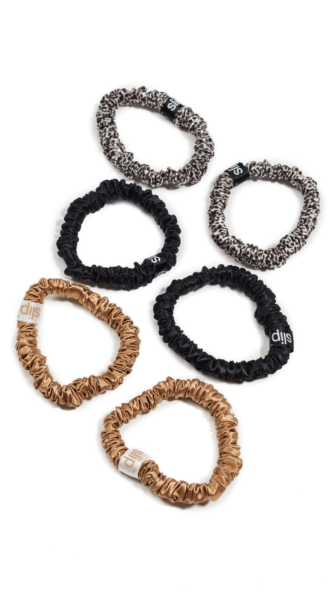 Slip Silk Skinnie Scrunchies in Gold, Black, Leopard - 100% Pure 22 Momme Mulberry Silk - Luxurious Elastic Scrunchies Set (6)