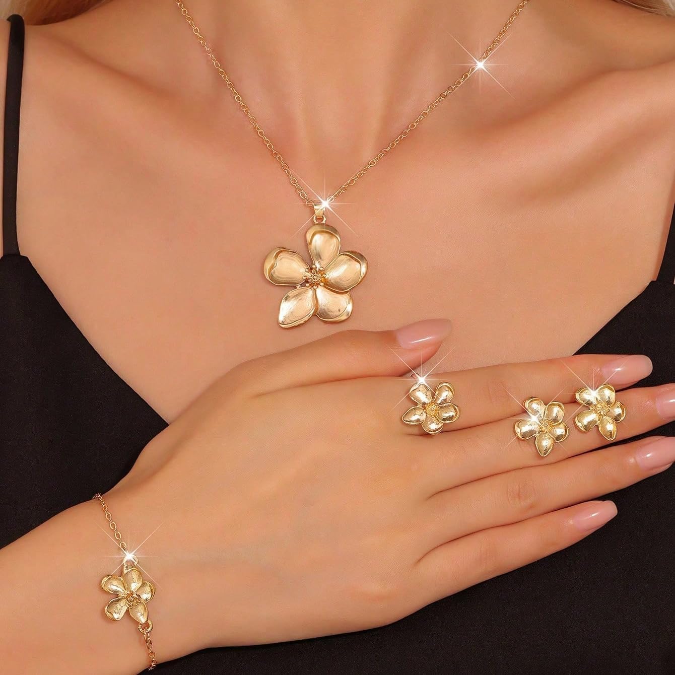 4 Pcs Flower Pendant Necklace Bracelet Earrings Ring for Women Gold Flower Jewelry Set Chunky Statement Flower Jewelry - Image 4