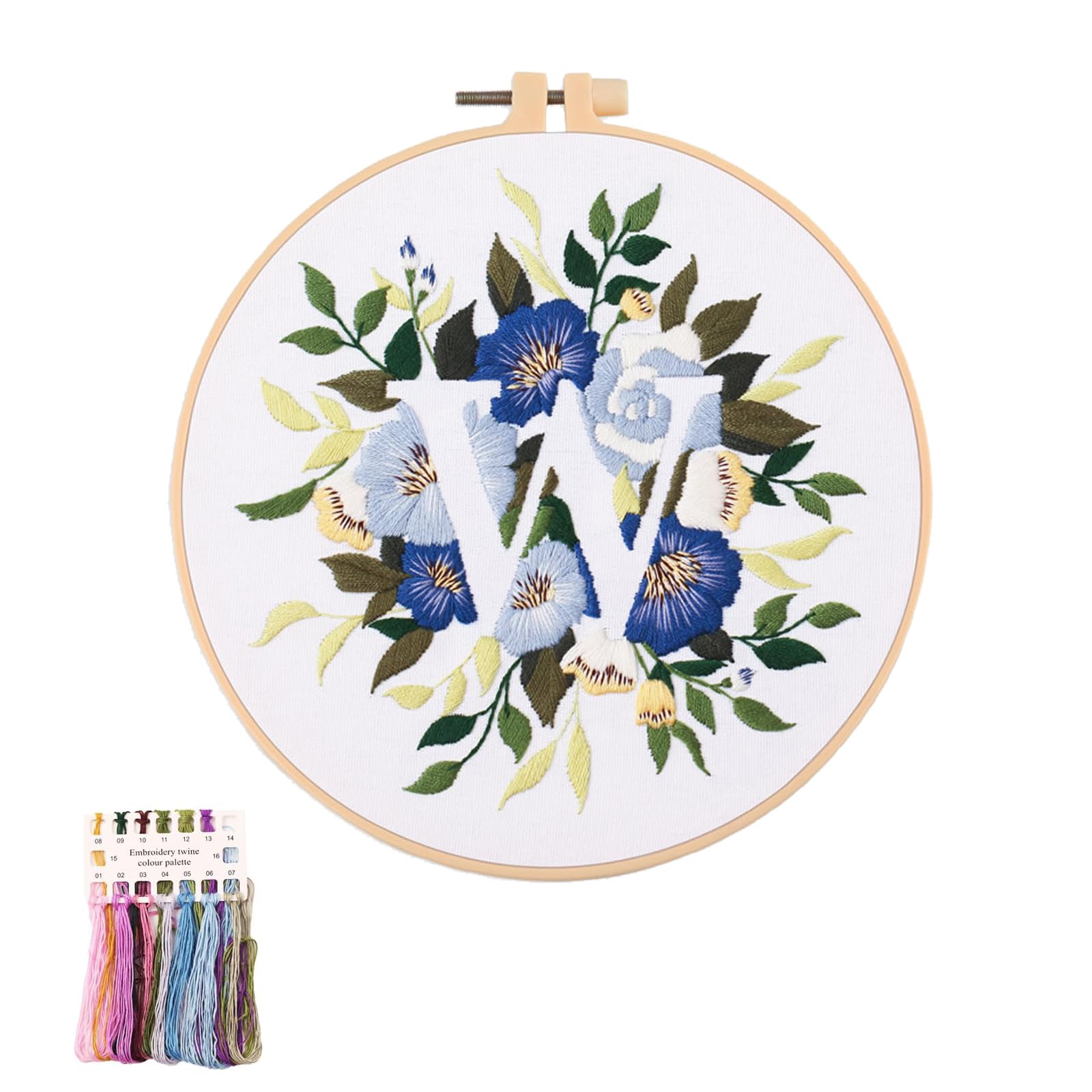 artcici Embroidery Kits Plant Flower Leaf English Letter Patterns for Beginners Adults, Full Range Embroidery Starter Kits Cross Stitch Needlework Supplies (Letter W)