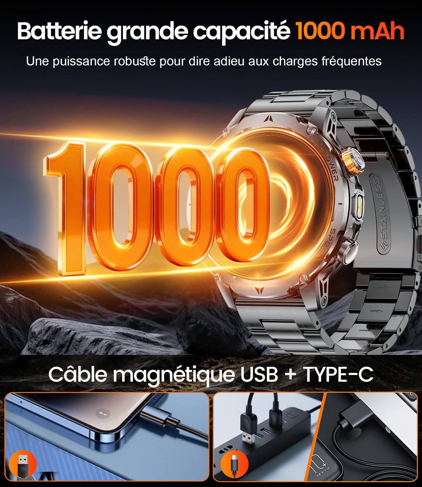 EF24 Montre Connectée Homme Militaire avec Lampe Torche LED, Écran HD 1,85 Pouce, Batterie 1000mAh, 100 Modes Sportifs, IP68 Étanche, 3 Bracelets, Câble USB et Type-C, pour Android iOS (Noir)