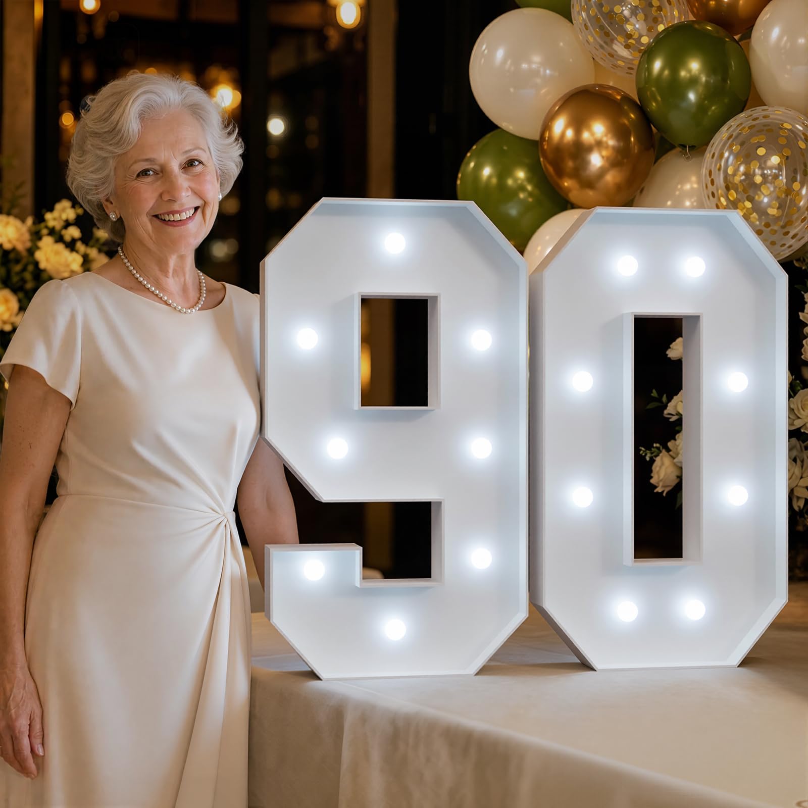 JoyMuse Números de marquesina 90 de 2.3 pies, números grandes 90 iluminados para decoraciones de cumpleaños 90, luz blanca fría, letrero de cumpleaños 90 para decoración de fiesta de aniversario