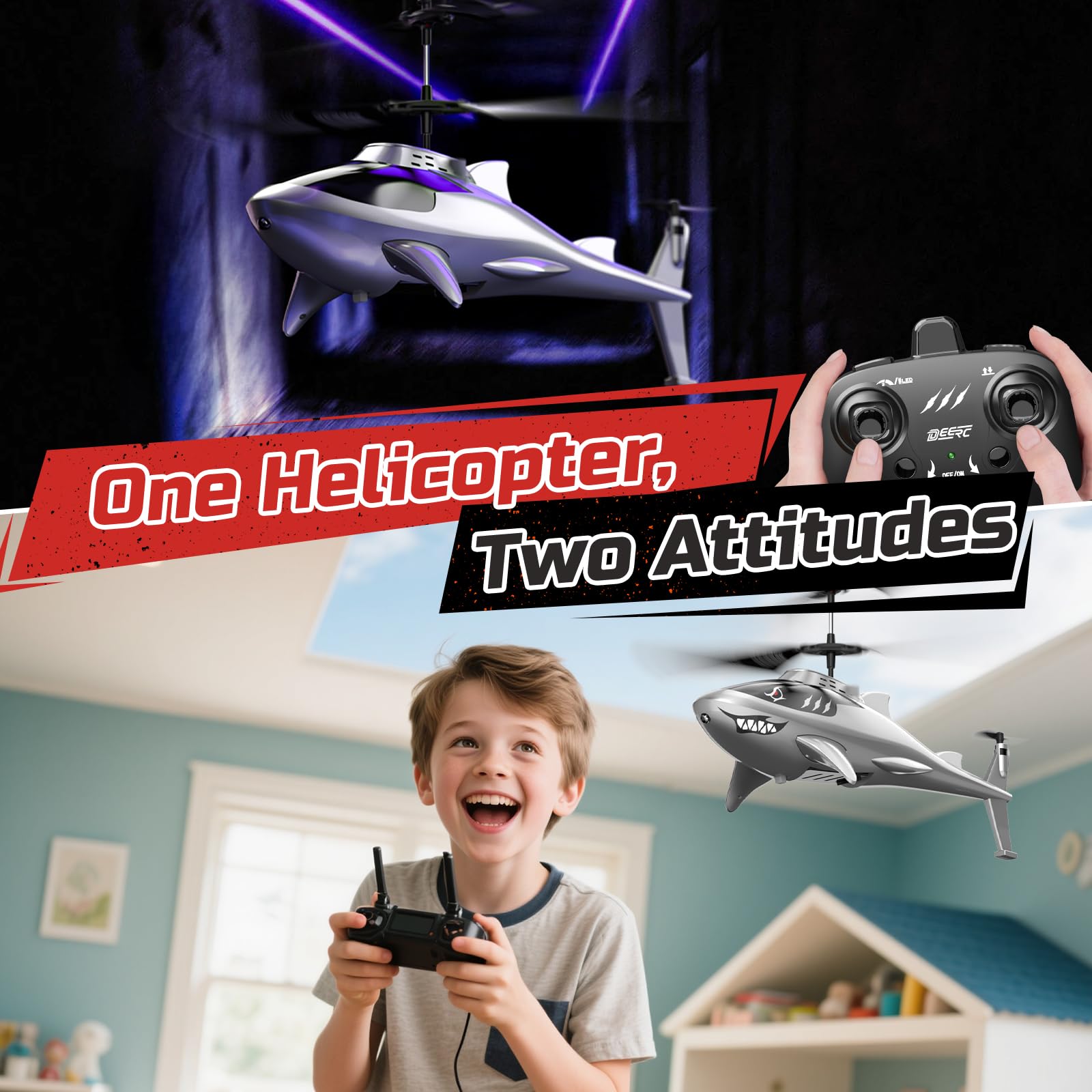 DEERC Elicottero telecomandato per bambini e adulti, elicottero squalo RC con mantenimento dell'altitudine, decollo/atterraggio automatico, luci LED, 24 min di autonomia, giocattolo volante interno.