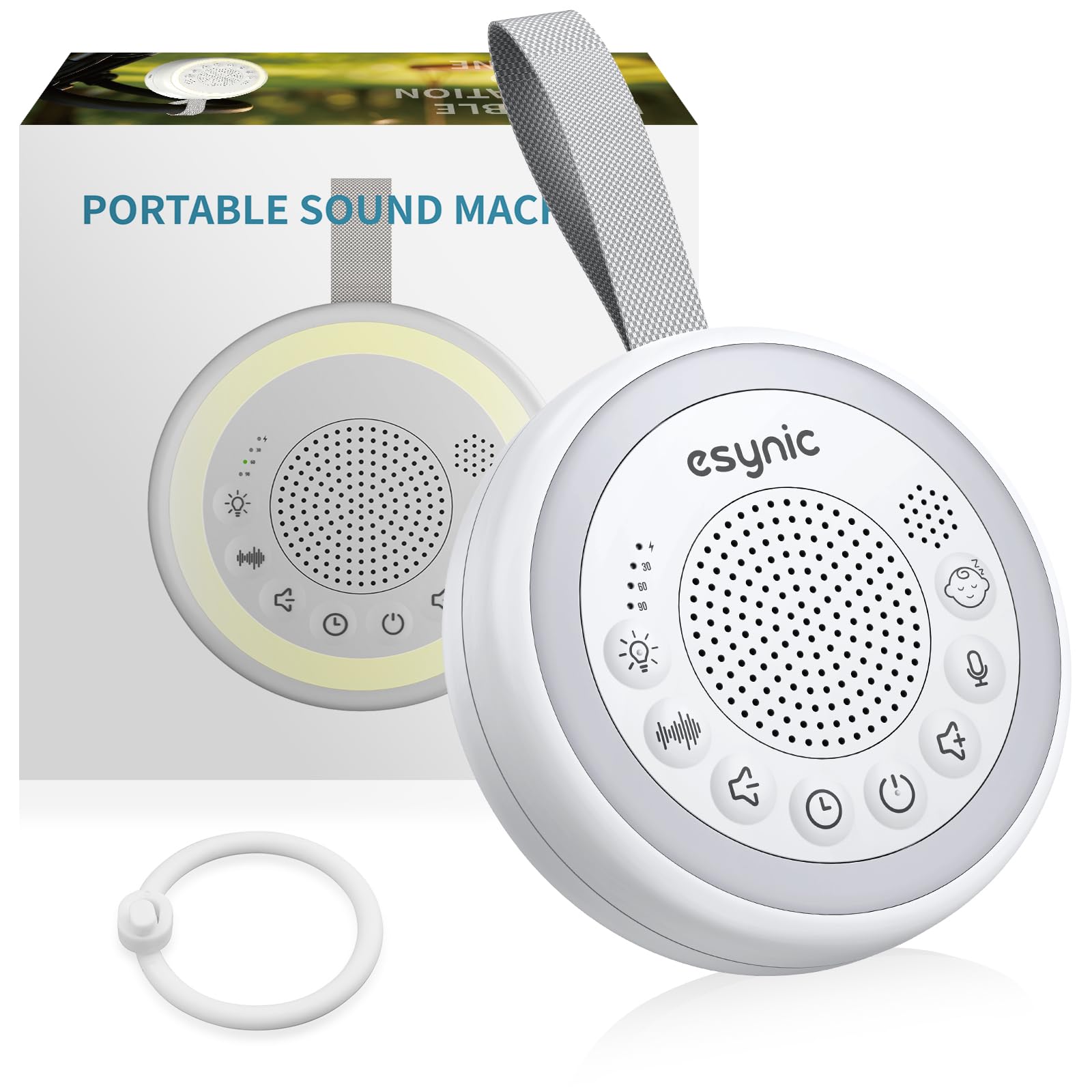 eSynic Machine à Bruit Blanc Portable pour Bébé avec Capteur de Pleurs Interrupteur Indépendant 24 Sons Apaisants Luminosité Volume Réglable Veilleuse Bruit Blanc Bébé Enregistrement Vocal Minuteries