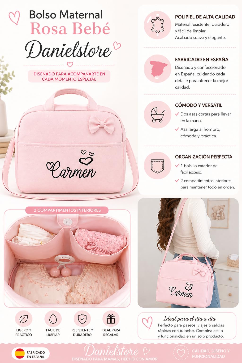 Danielstore - Bolso Maternidad Personalizado | Organizador Pañales | Asa Colgar al Hombro | Compatible Carrito Bebe | Fácil Limpieza, Rosa, 1 Unidad, Polipiel