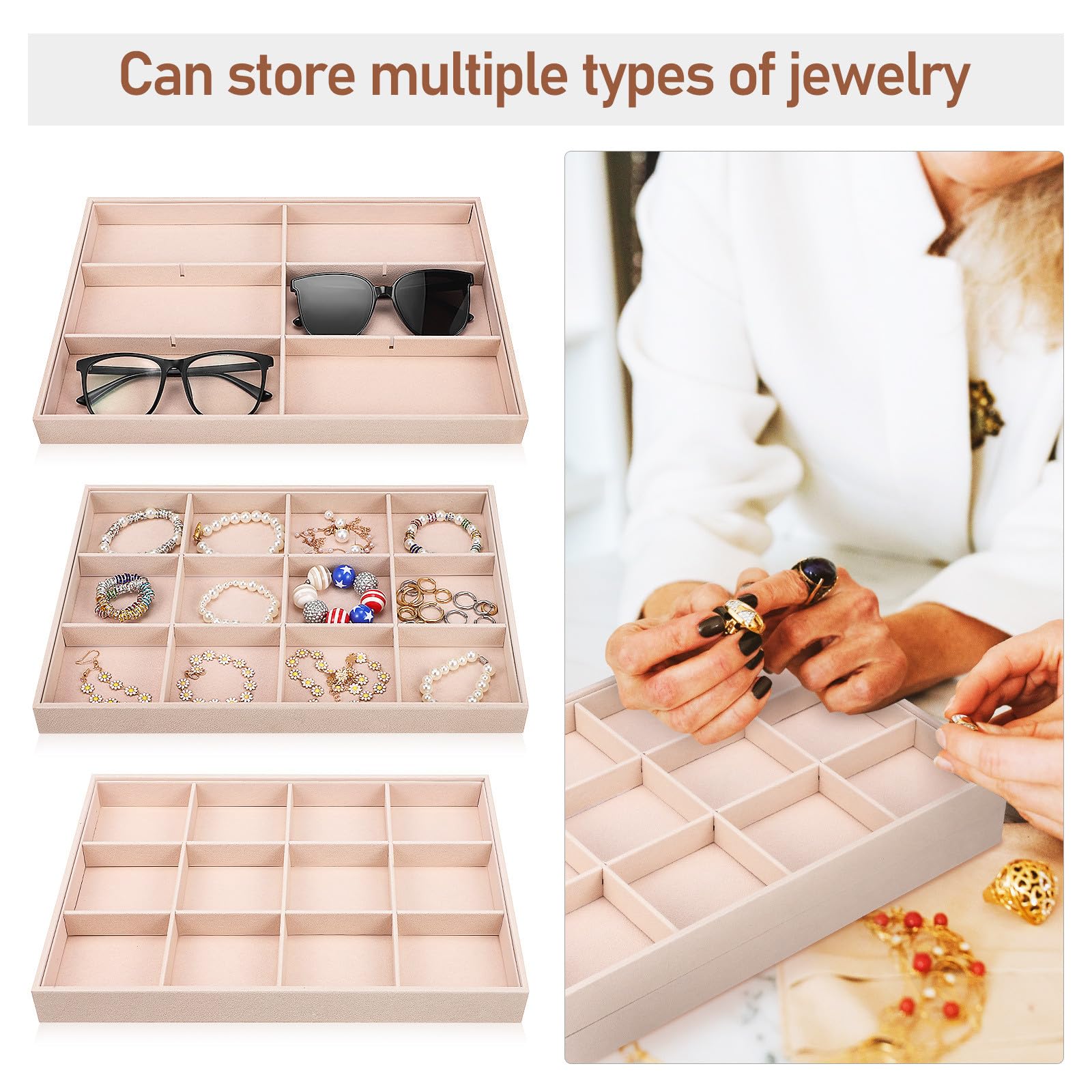 Bandejas para Joyas de Terciopelo 2 Unidades Organizador 12 Compartimentos Ajustables Bandeja para Exhibición y Almacenamiento de Anillos Collares y Pulseras Uso Doméstico y