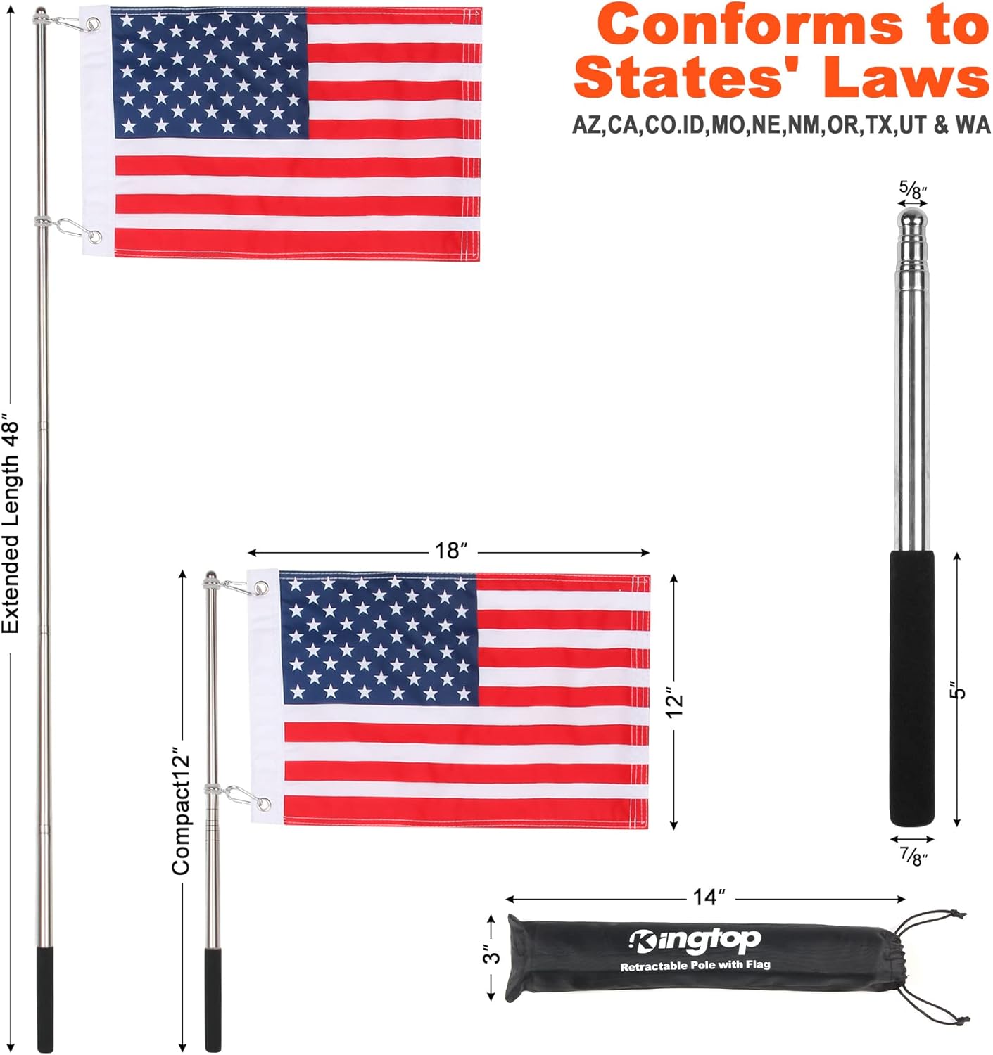 KINGTOP Telescopic Flagpole with Golf Cart Flag - 12x18 Flags for Golf Carts, Boats, Biking | Includes Storage Bag, Durable 48" Stainless Steel Pole and Flag, Meets Safety Laws