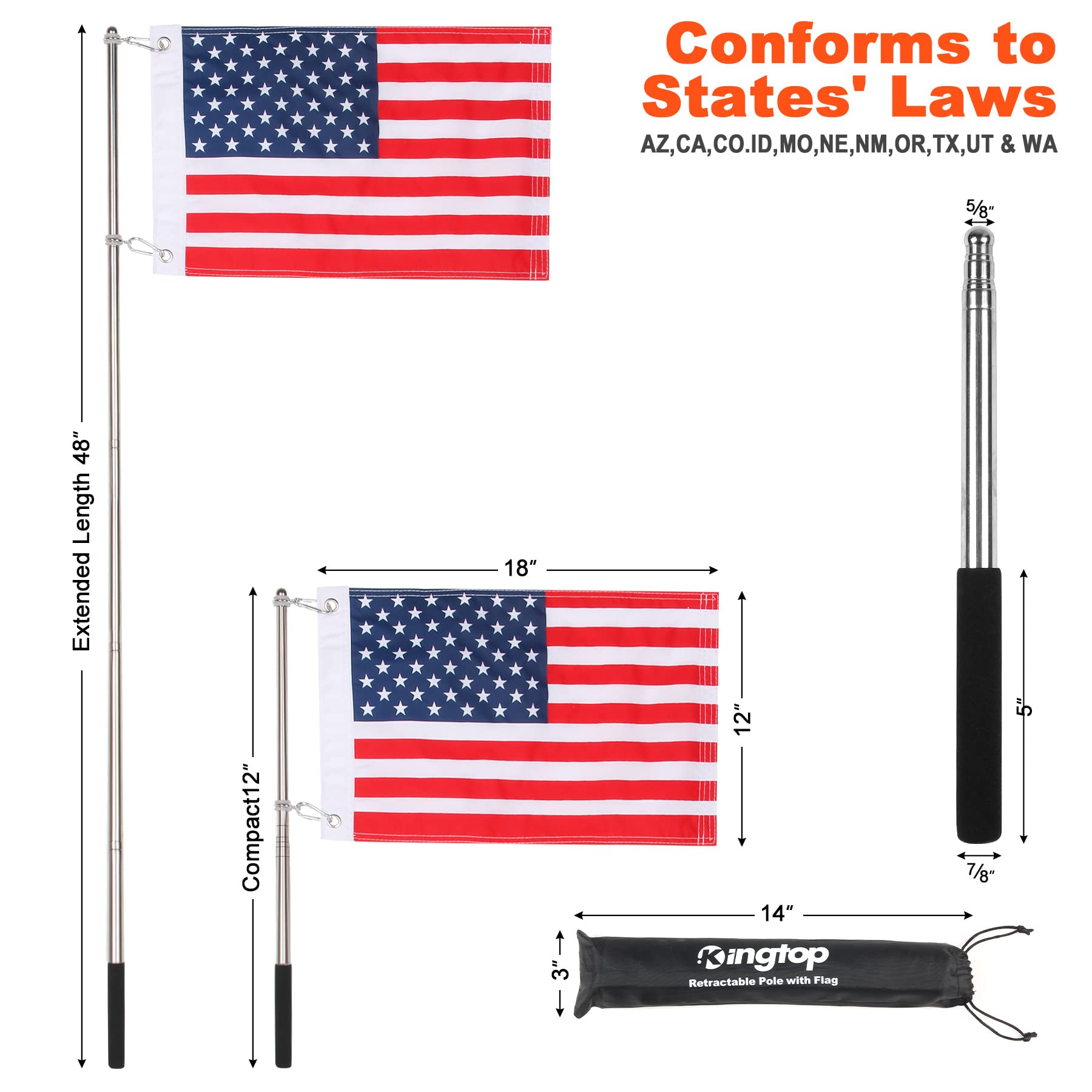 KINGTOP Bandera de barco de Estados Unidos, banderas de 12 x 18 pulgadas, poste telescópico de 48 pulgadas con bolsa de almacenamiento, bandera de seguridad universal para esquiador, deportes