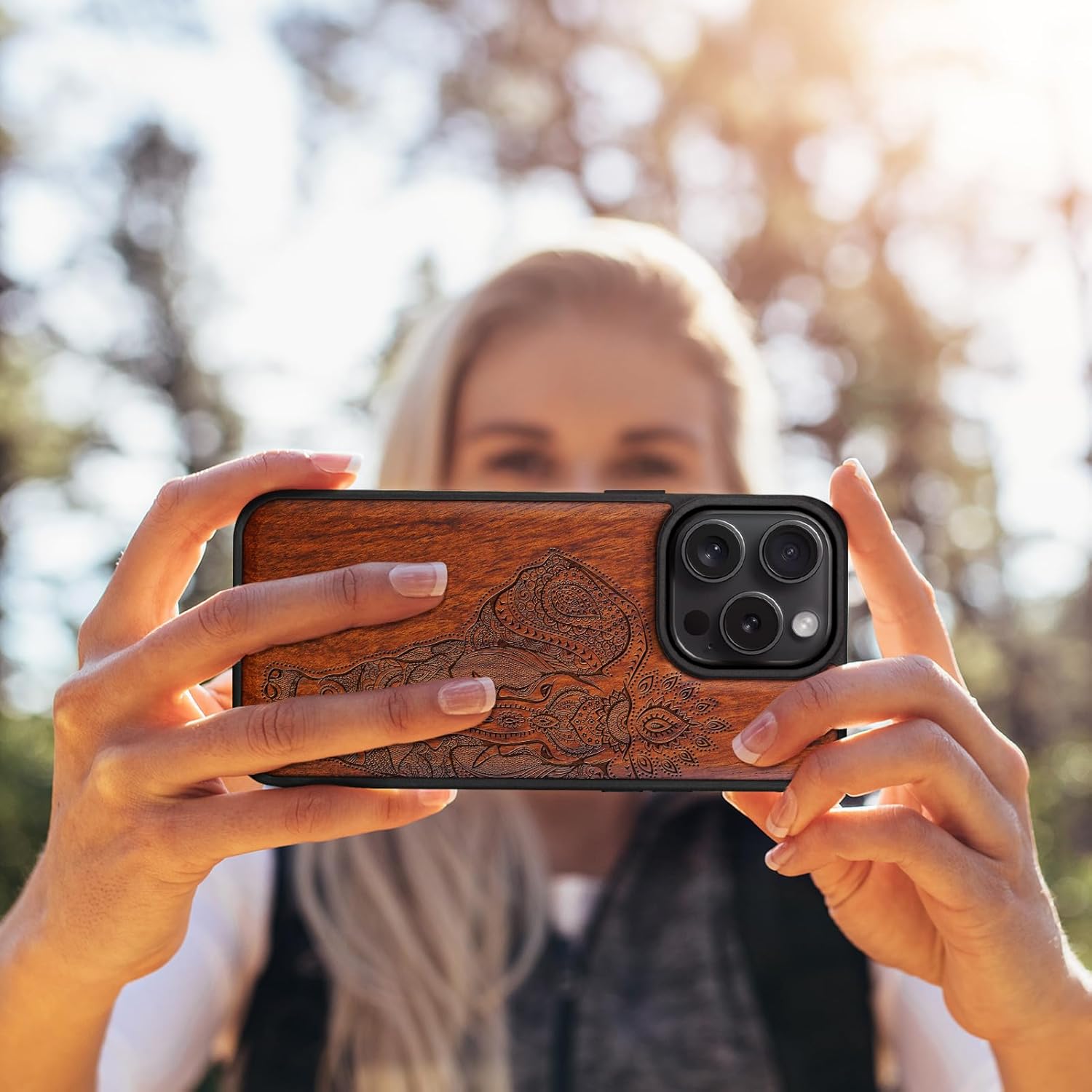 Carveit Magnetic Wooden Case for iPhone 16 Pro Case, Wood Artisan Engraved & Black Soft TPU Shockproof Cover, Compatible with MagSafe Wireless Chargers (Indian Lotus Elephant) Rosy