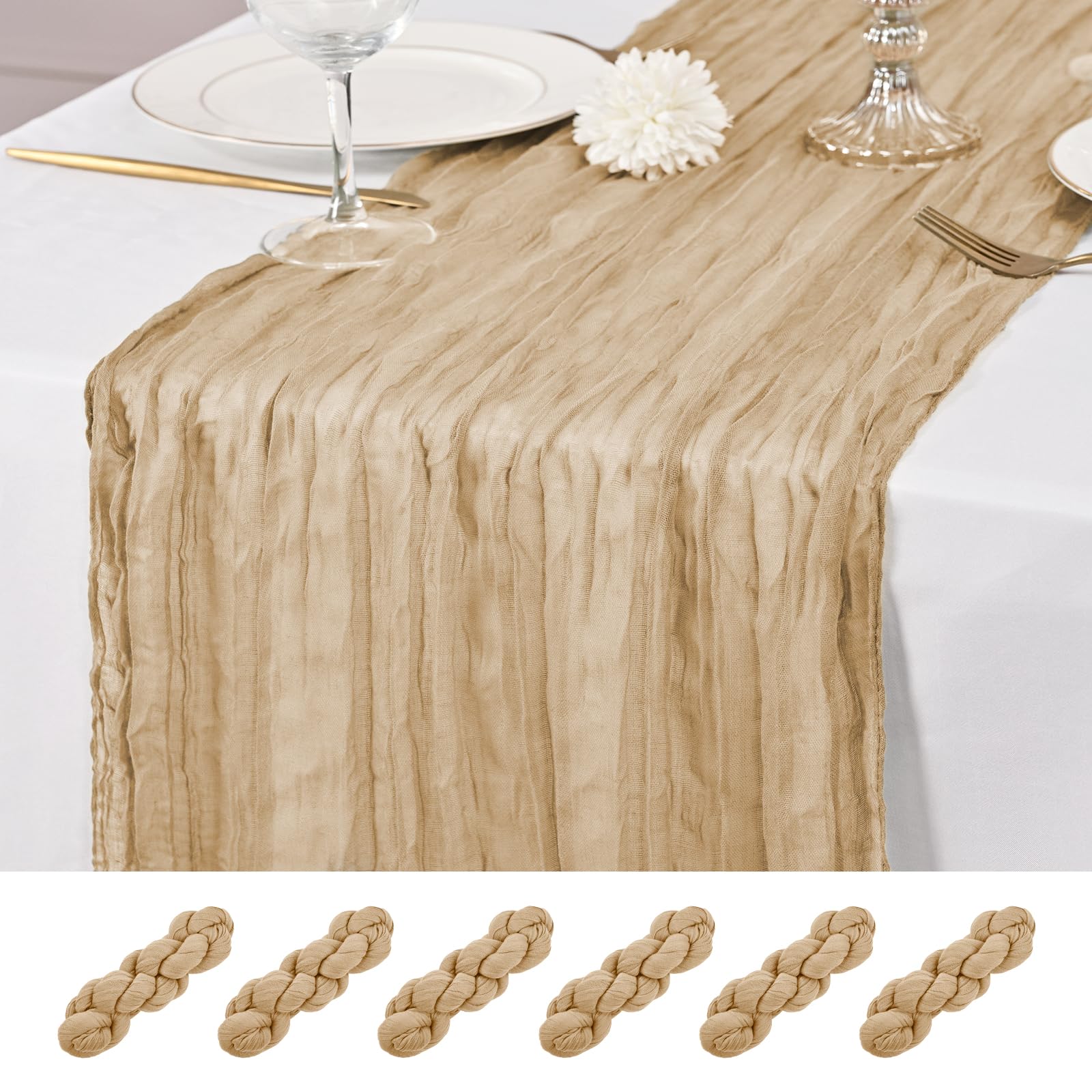 6 Pcs Beige Table Runner 10Ft Cheesecloth Table Runner 21x120 inch Rustic Gauze Table Runners Romantic Long Sheer Fabric Cheese Cloth Table Runners for Wedding Party Bridal Baby Shower