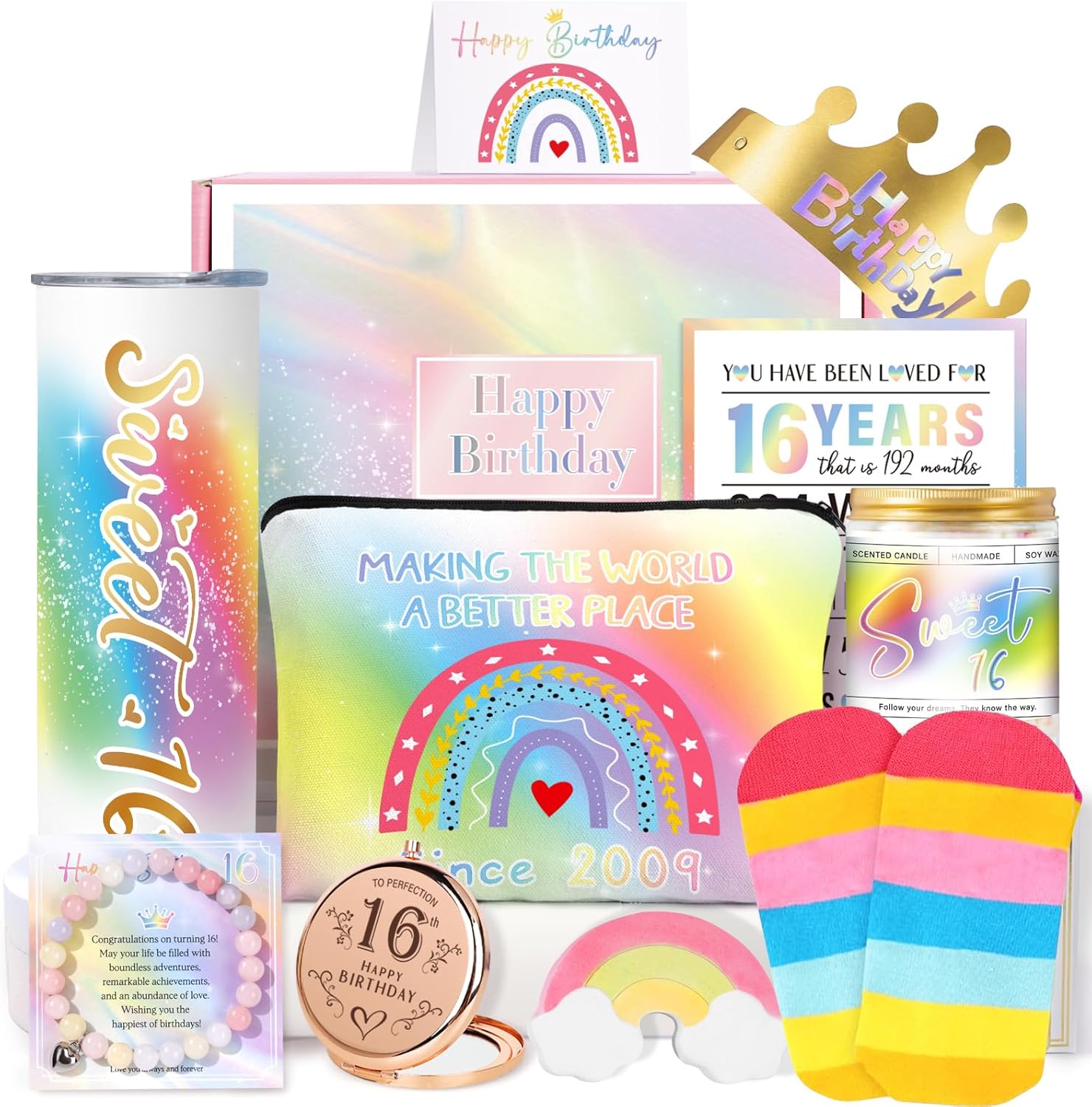 Sweet 16 Gifts for Girls, 16th Birthday Gifts for Girls, Gift for 16 Year Old Girl, 11 PCS Unique Trendy Sweet Sixteen Gift for Daughter Her, Daughter, Niece, Granddaughter, Sister, Bestie, Rainbow 16th birthday gifts - unicorn rainbow style