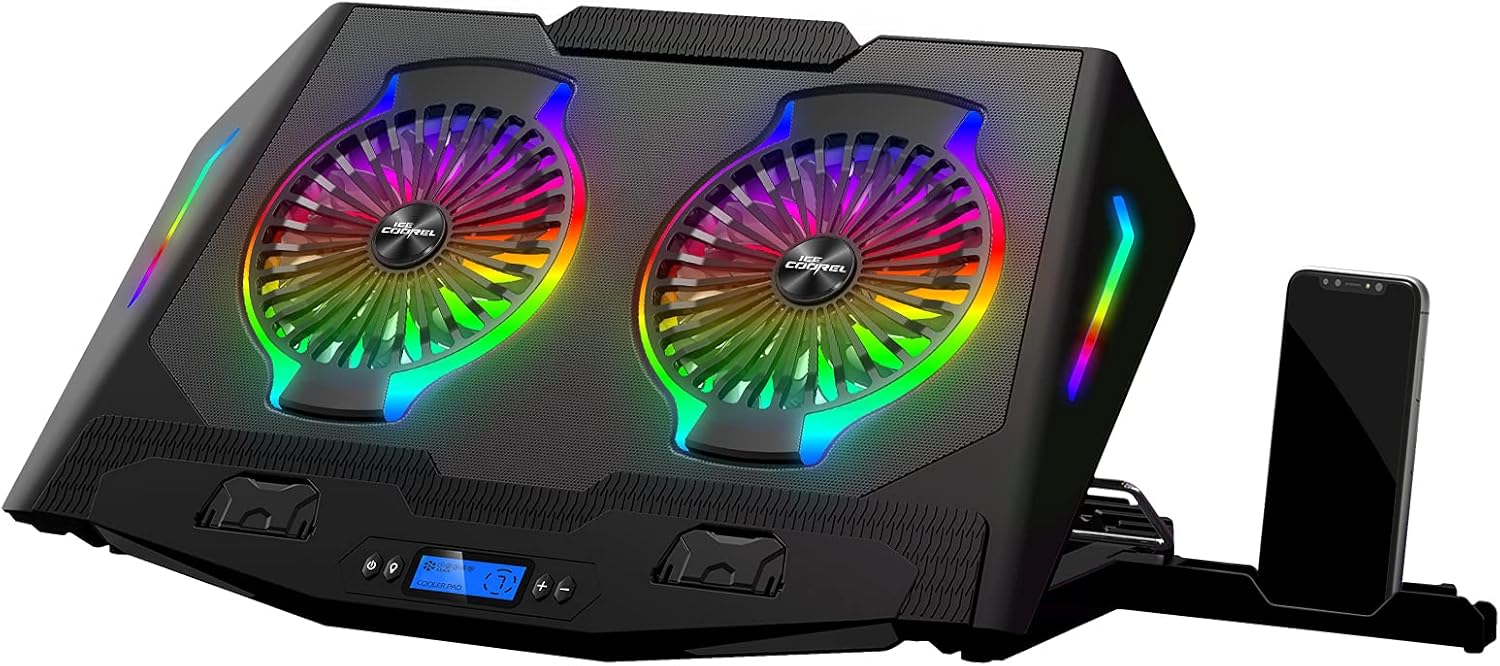 ICE COOREL Base Refrigeradora Portatil, Base Portatil con 2 Ventilador+5 Altura Ajustables, Pantalla LCD Ventilador portátil RGB para juegos adecuado para computadoras de 10 a 21 pulgadas