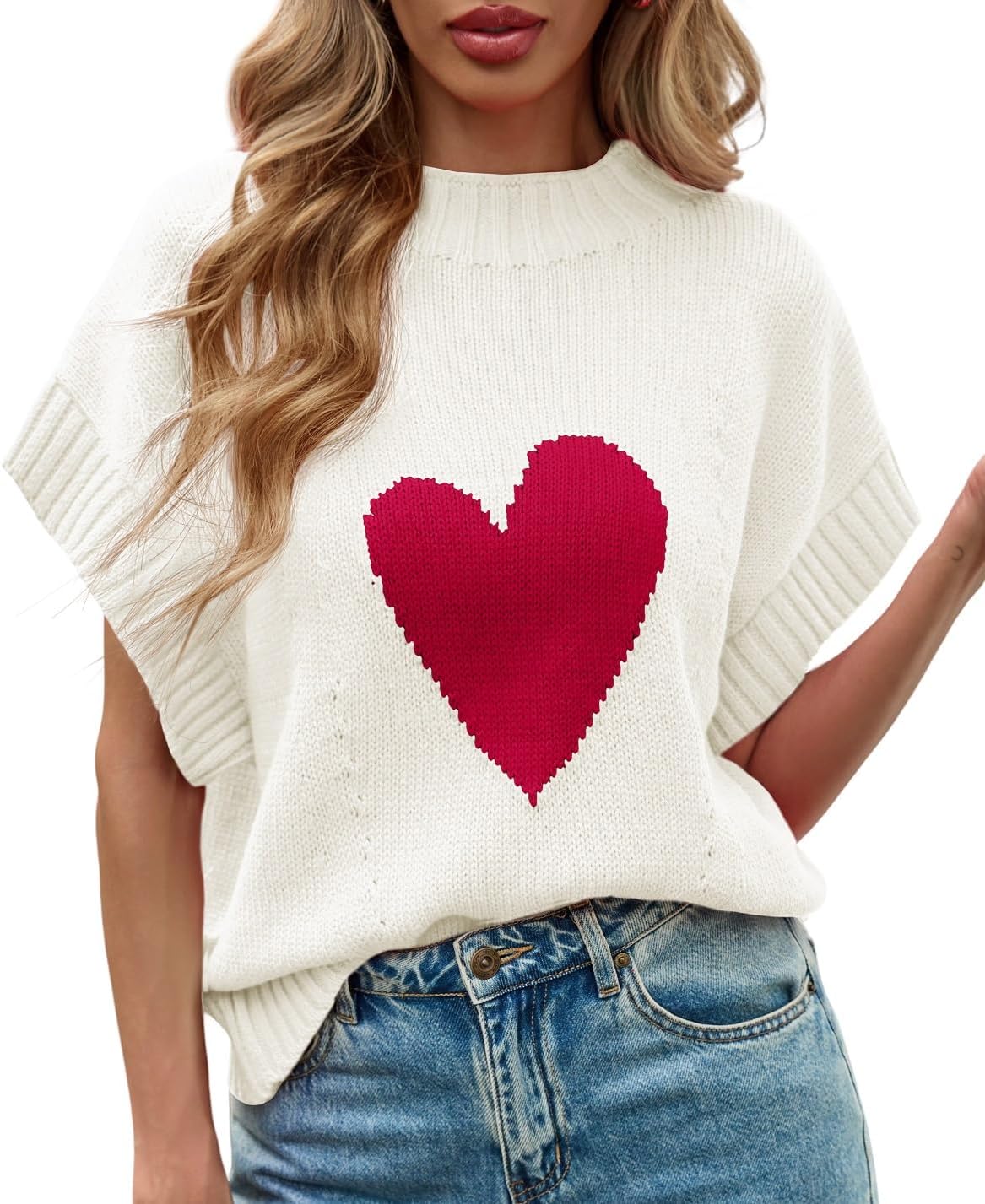 Saodimallsu Womens Cap Sleeve Cropped Sweater Mock Neck Cute Heart Loose Valentine Knit Tank Tops - Image 2