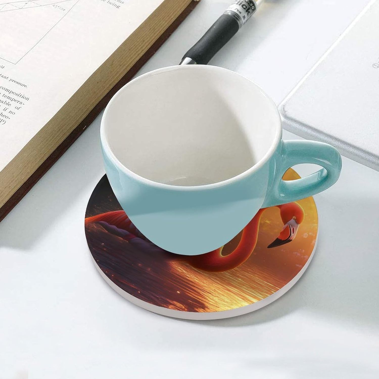 Flamingo in Water Round Ceramic Coasters Print Drinks Absorbent with Cork Base for Home Decor Gifts 4 Inch