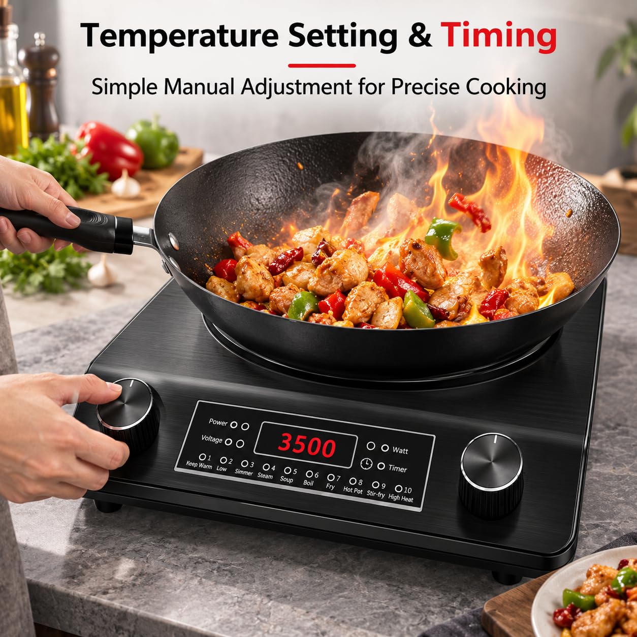 Plaque de cuisson à induction portable 3500 W avec design wok concave et 10