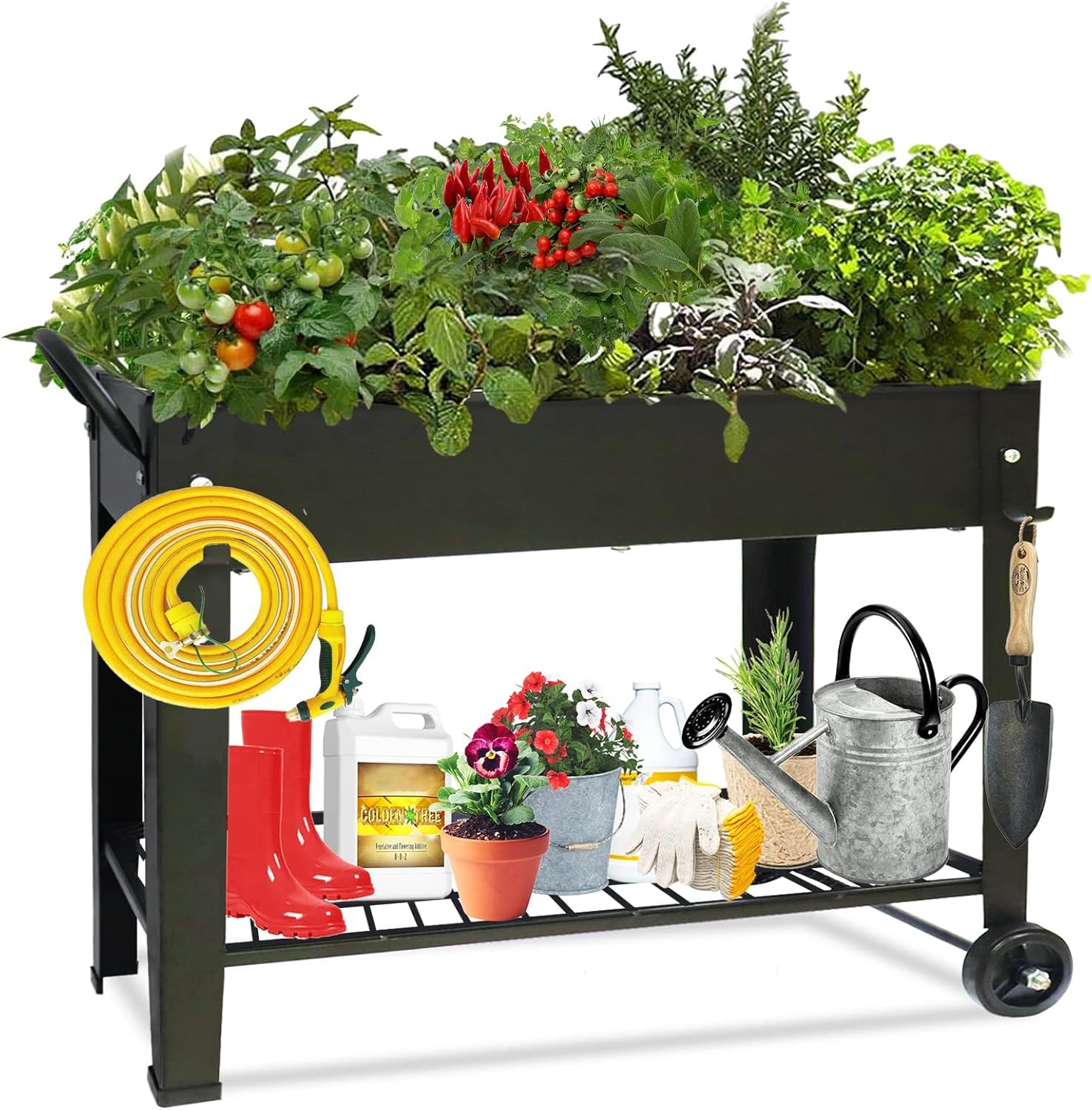 Raised Garden Bed, Outdoor Planter Box, Rectangle Planting Raised Bed, Metal Raised Bed with Legs and Storage Shelf, Elevated Planter Box for Growing Flowers, Vegetables and Herbs, 101x28x80 cm, Black