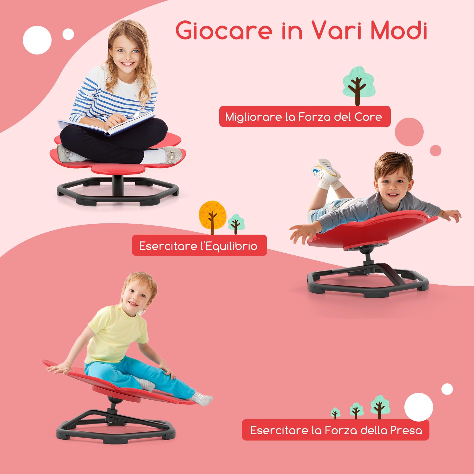 COSTWAY Sedia Girevole a 360° per Bambini, Sedia Sensoriale con Base in Metallo Antiscivolo per Allenare la Coordinazione Fisica e l'Equilibrio, Giocattolo per Cameretta (Rosso,Fiore)