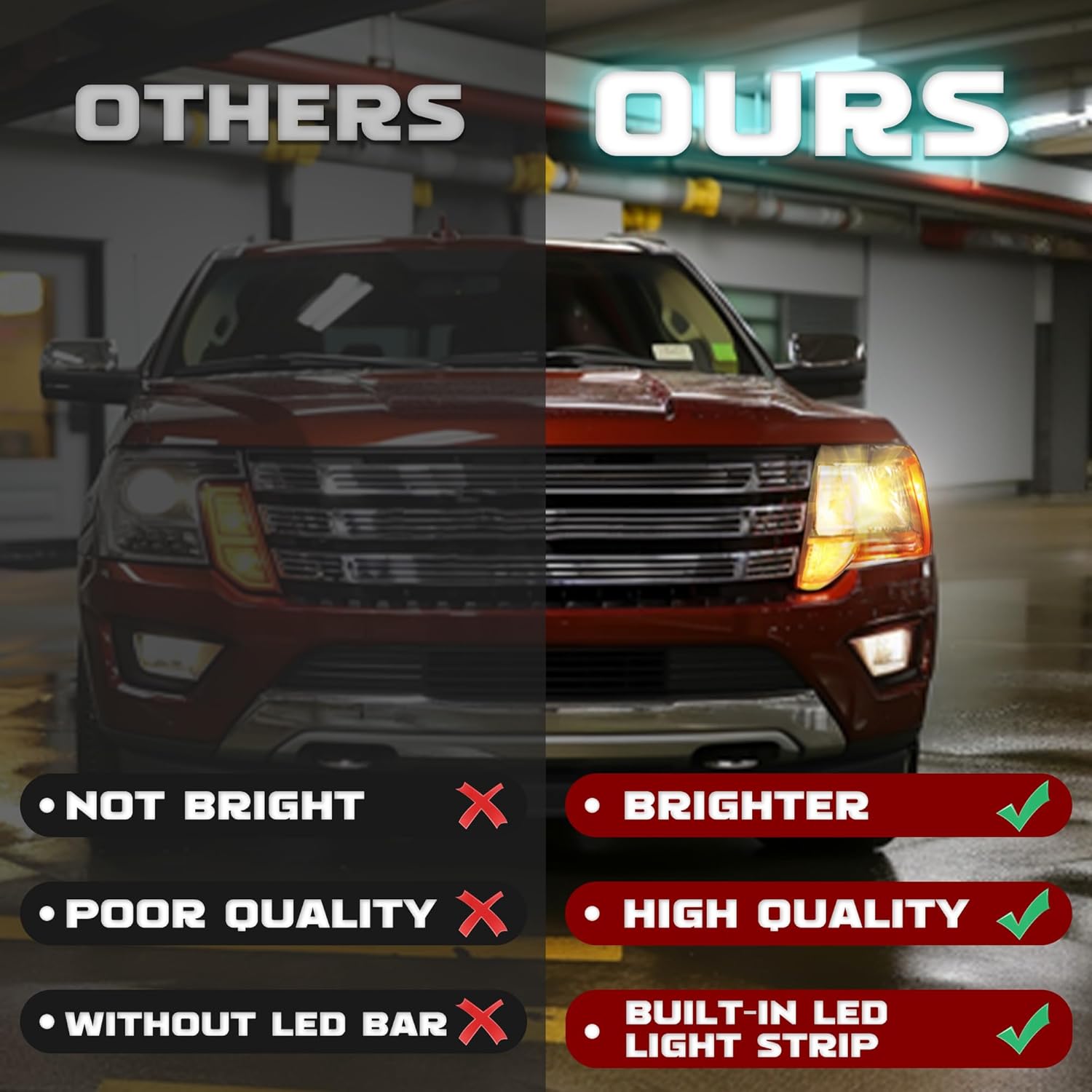 HECASA Pair Headlight Assembly w/LED Indicator Compatible with 2015 2016 2017 Ford Expedition Headlamp w/Bulbs Driver & Passenger Side Clear Lens Chrome Housing Replacement for FO2503346 FO2502346