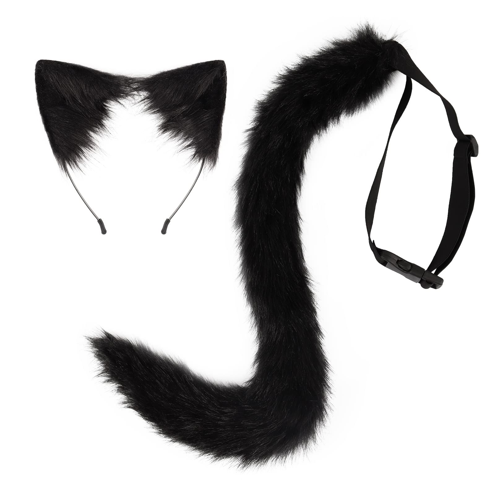 Set di clip e coda di orecchie di volpe pelose di lupo Orecchie di gatto Fascia per gattini Orecchie di anime Halloween Cosplay Party Cat Accessori per costumi per donne Uomini (nero) (Nero)