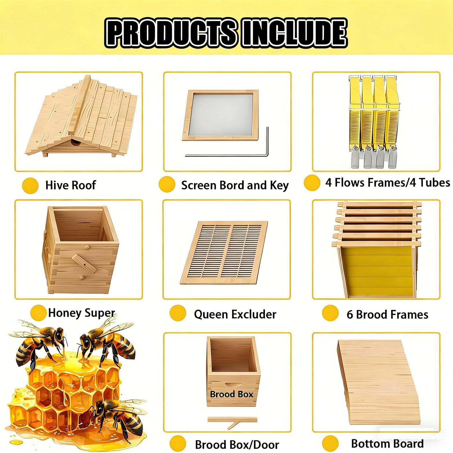 Kit de iniciación de colmena de abejas, kit completo de apicultura con caja de colmena de madera, 4 marcos, 6 bandejas para principiantes y aficionados, perfecto para apicultura en el patio trasero