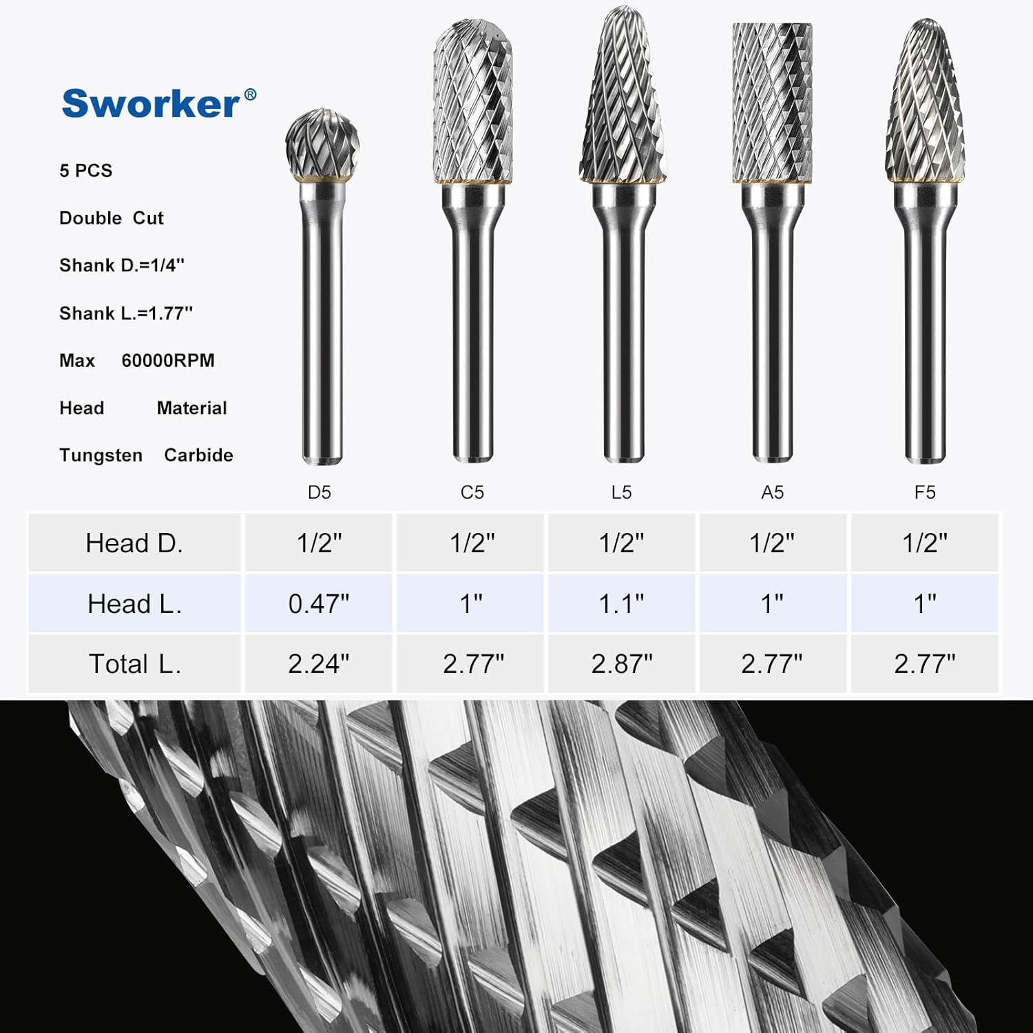 5Pcs Carbide Burr Set 1/4 Shank Head Dia 1/2" Die Grinder Bits Rotary Tools Attachment Kit Rasp File Accessories Metal Wood Stone Steel Grinding Deburring Cutting Porting Carving