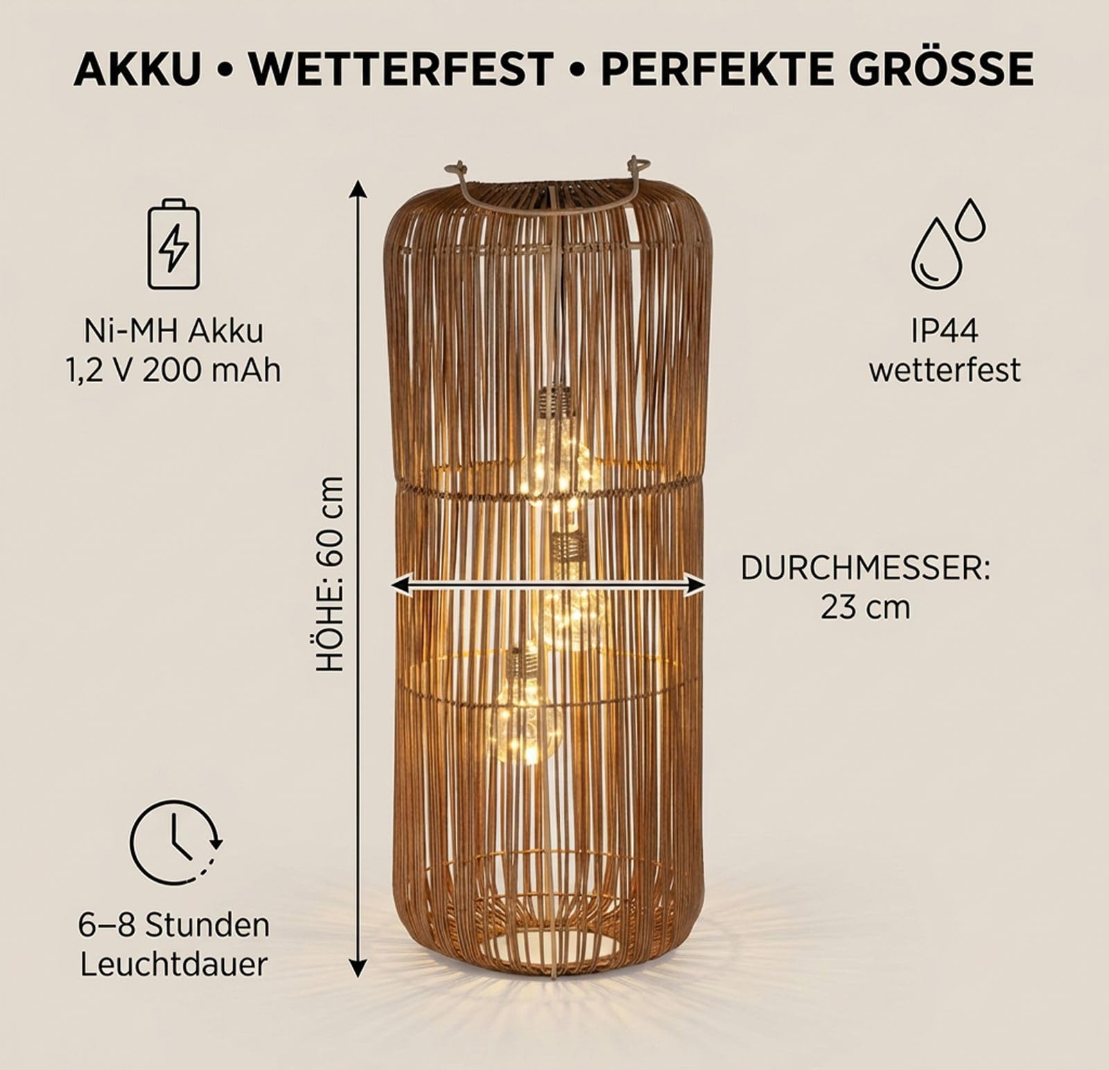 formano Solarlaterne Garten Rattan-Look Laterne 3 LED Birnen 60 cm Solarleuchte mit Dämmerungssensor, IP44 wetterfest, dekorative Solarlampe für Balkon Terrasse Outdoor Beleuchtung