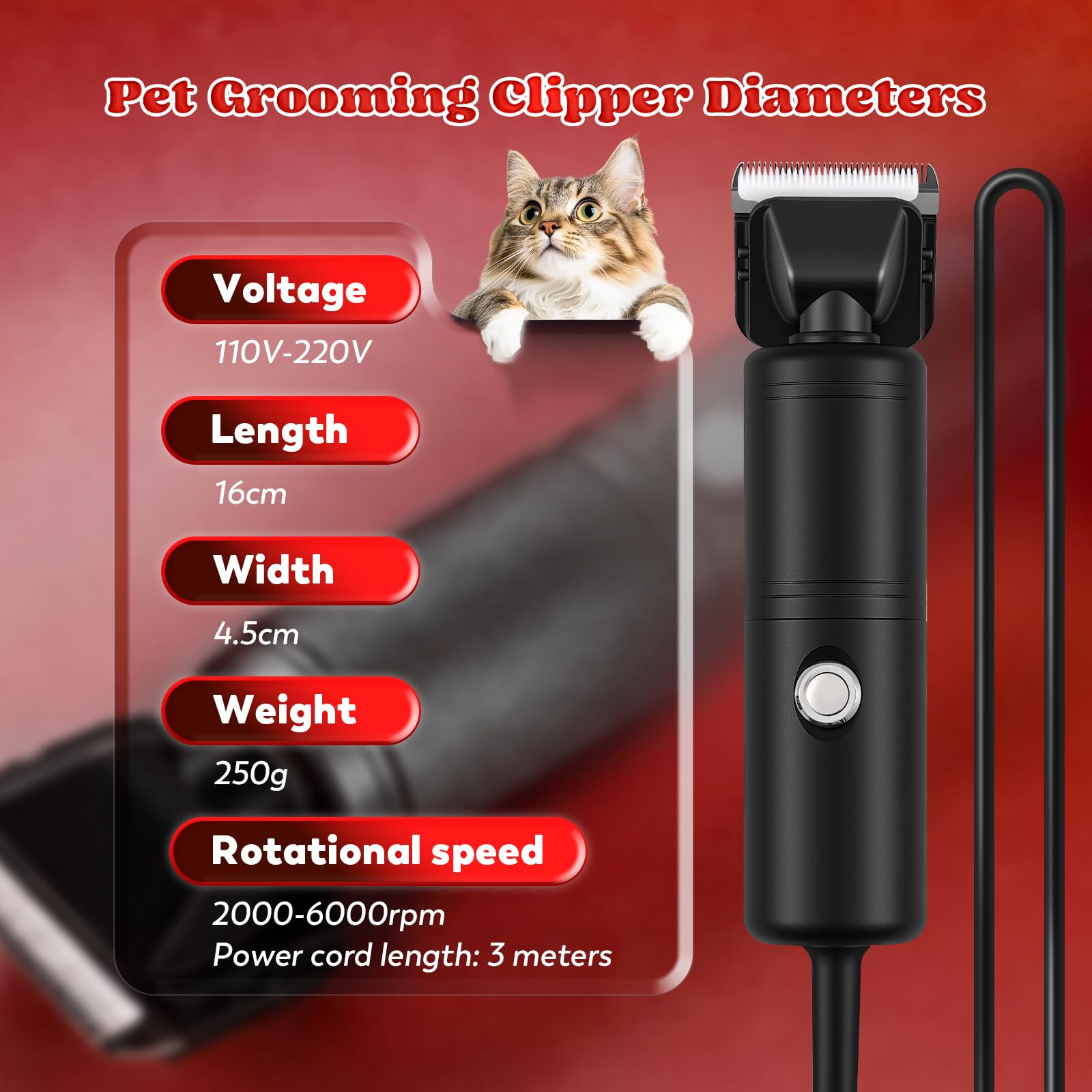 Moongiantgo 300W Cortapelos para Perros Profesional, 2000-6000RPM Control de Velocidad, Cuchillas de Cerámica Desmontables, Maquina Pelar Perros con Extra 1 Cuchillo & 2 Peines (Negro)
